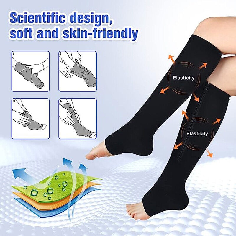 2 Pairs High-Compression Socks Zip Close Toe Calf Support Socks For Men & Women