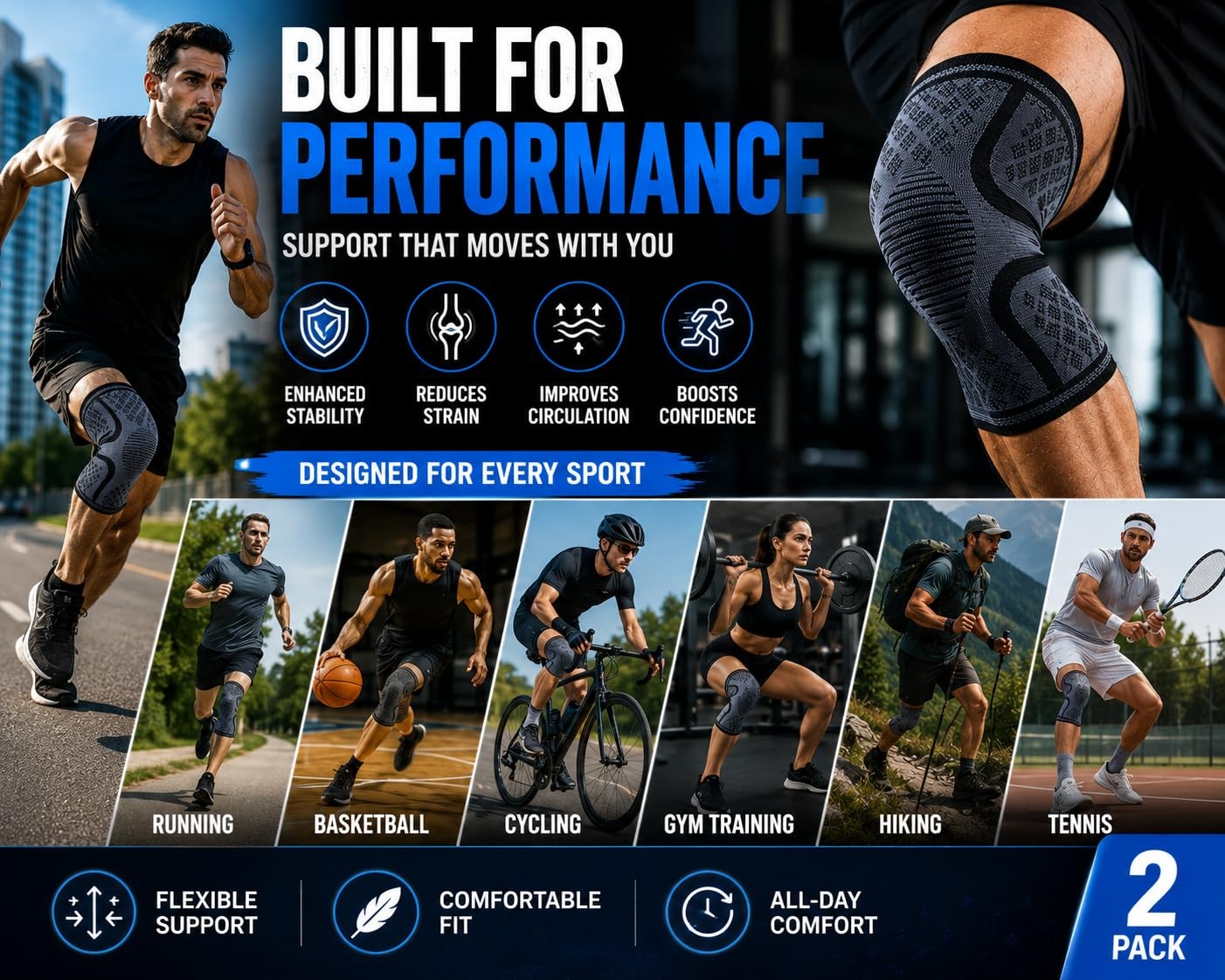 2 PCS Compression Knee Brace Support Sleeve For Joint Meniscus Arthritis