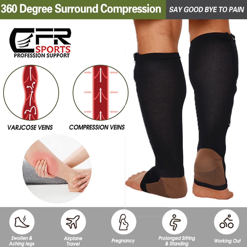 Copper Zipper Compression Socks Support Graduated Stockings Mens Women 20-30mmHg
