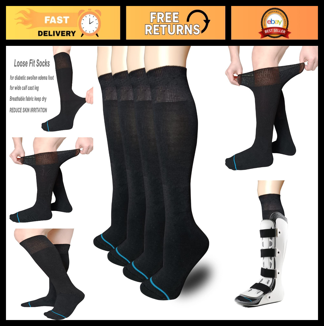 Orthopedic Walking Boot Socks – Replacement Liner for Fracture Brace, 2 Pairs