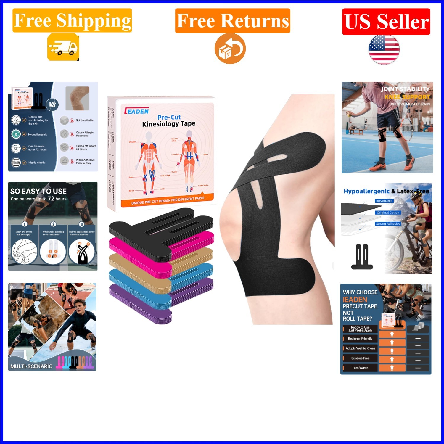 Precut Black Kinesiology Tape for Knees, 10 Pcs, Waterproof & Breathable