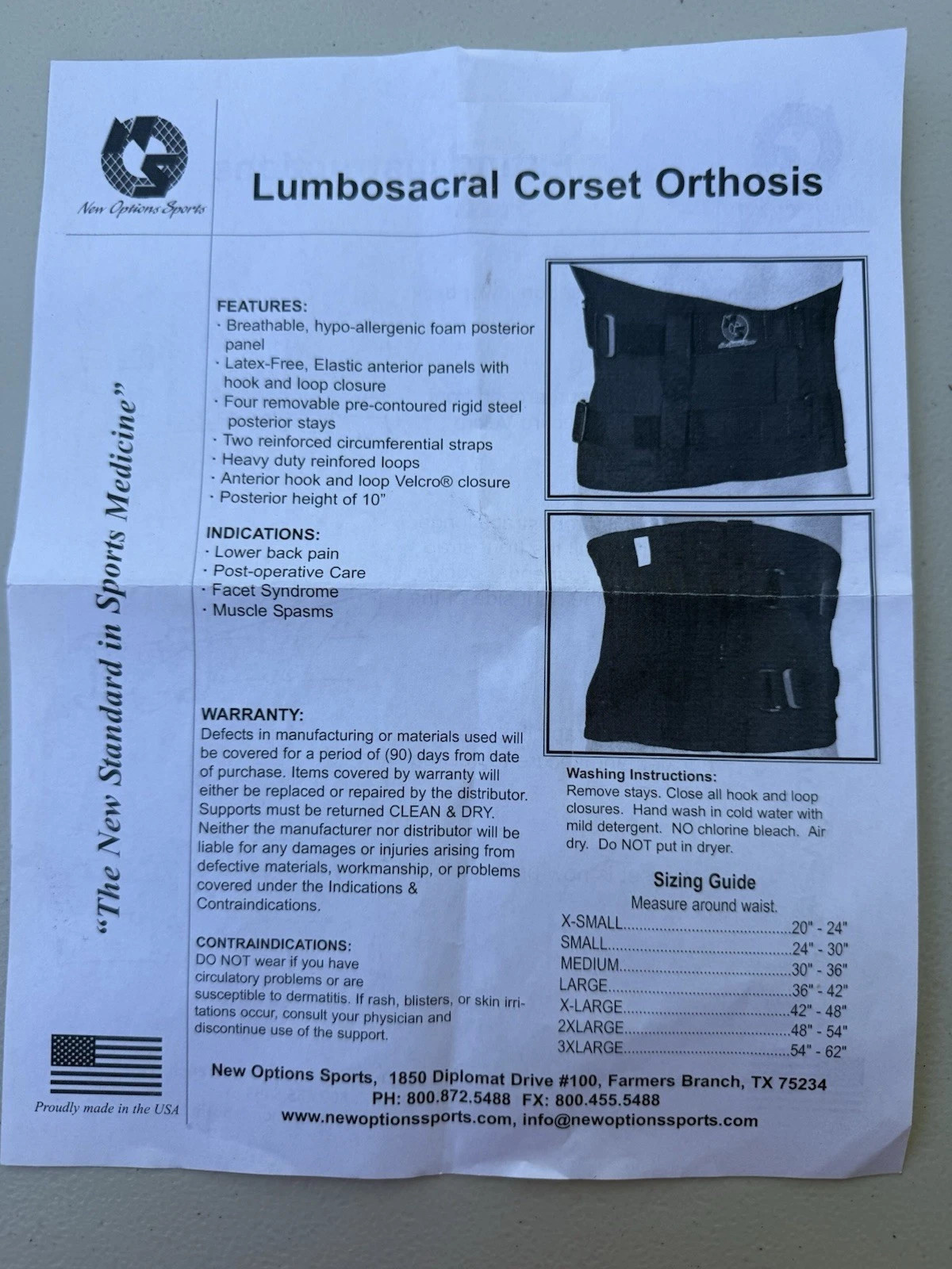 New Options Sports 2XL 12” X 40inch Back Brace Black Side Support Ribs $59