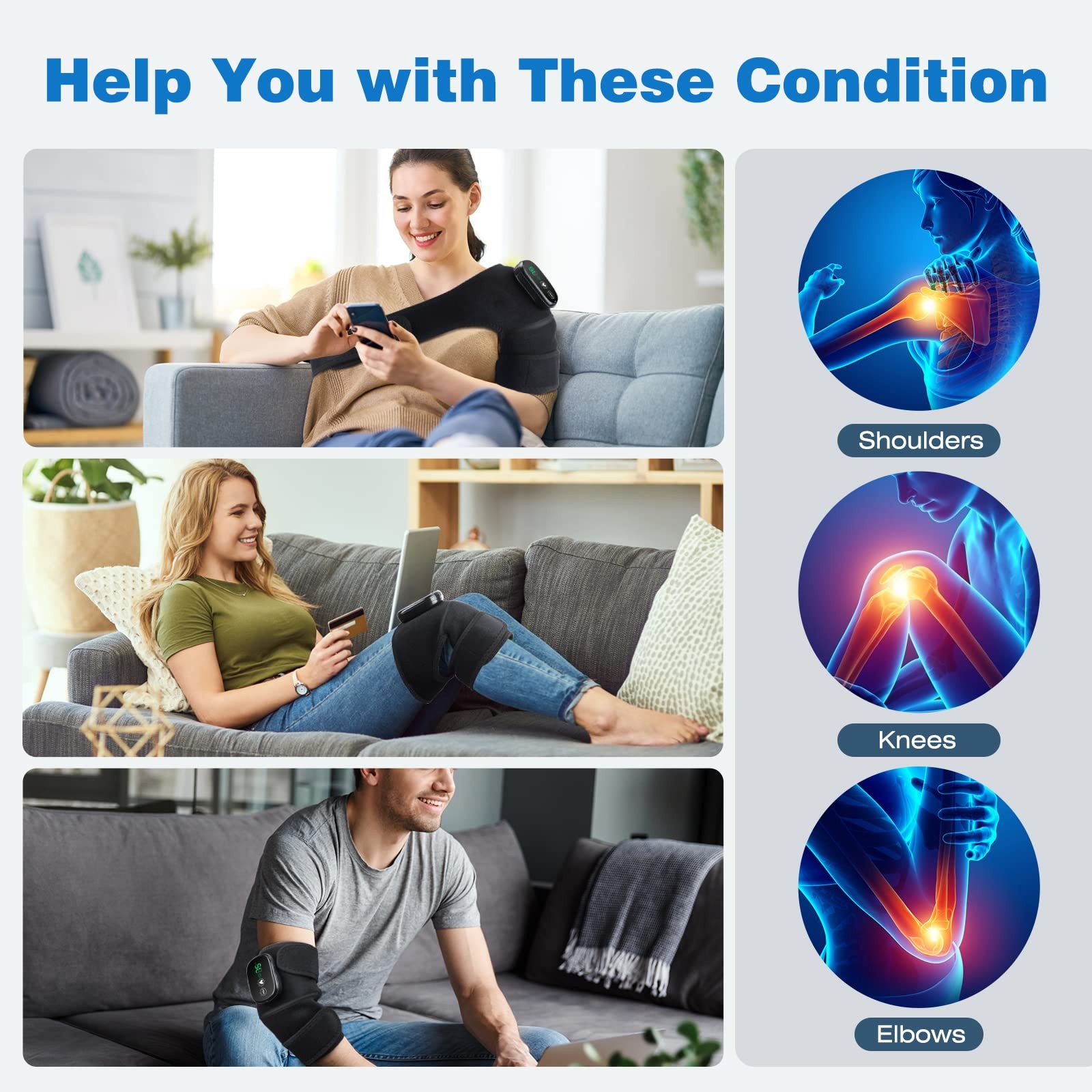 Cordless Knee Massager Shoulder Brace with Heat, 3-In-1 Heated Knee Elbow Should
