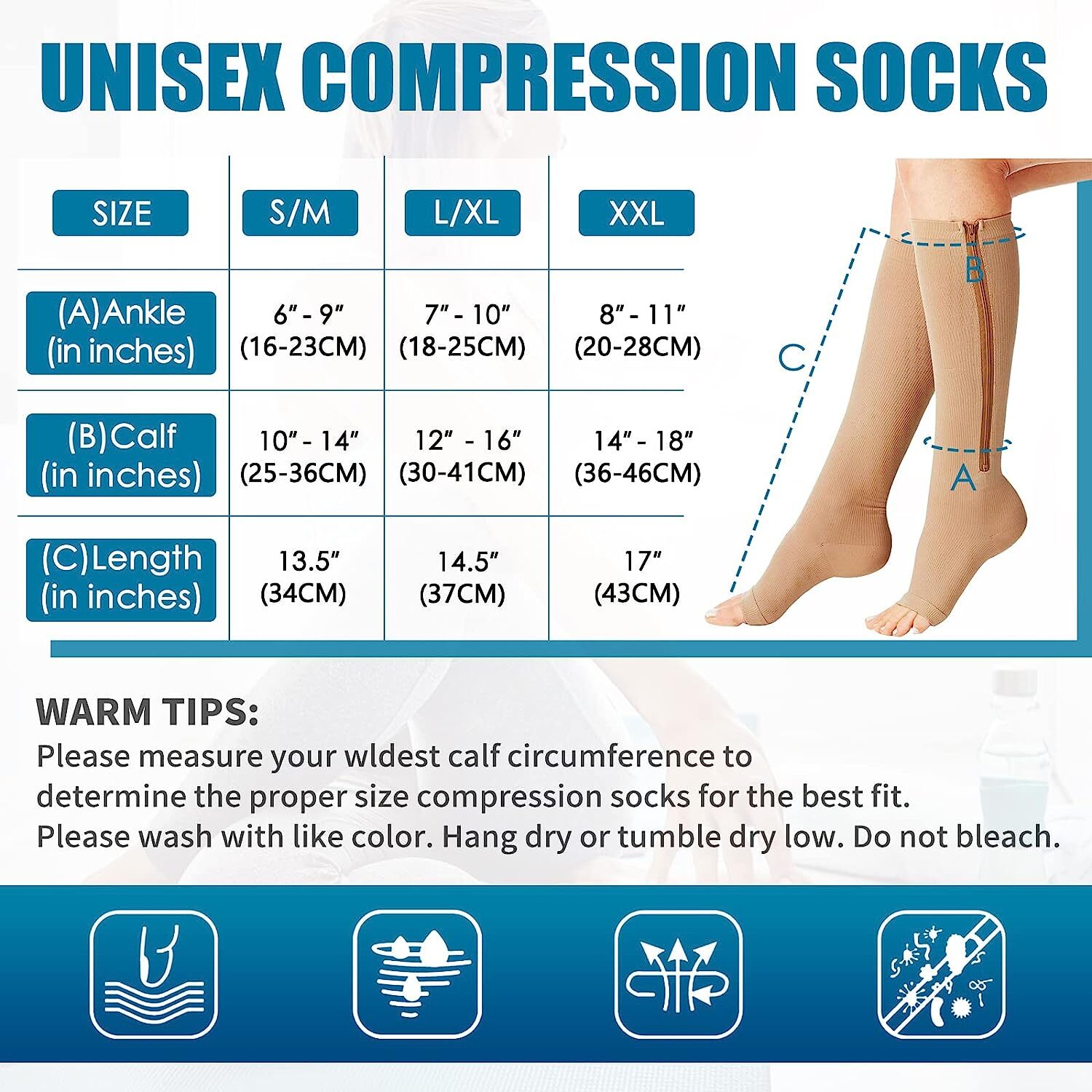 Zipper Compression Socks Men Women Stockings 20-30mmH Unisex Support Graduated.