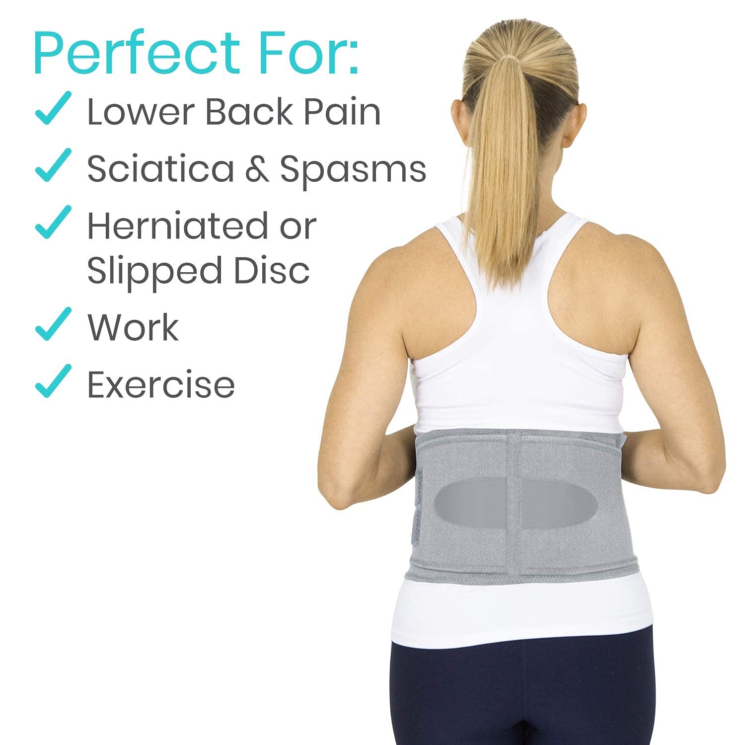 Vive Lower Back Support Brace for Men & Women – Waist Size (44″ to 64″), Gray