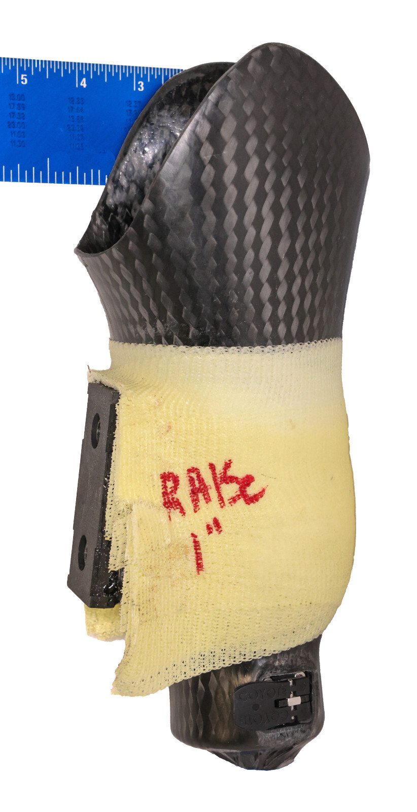 PROSTHETIC BLACK CARBON FIBER SIDE-MOUNTED LEG SOCKET w COYOTE DISTAL BASE H=13″
