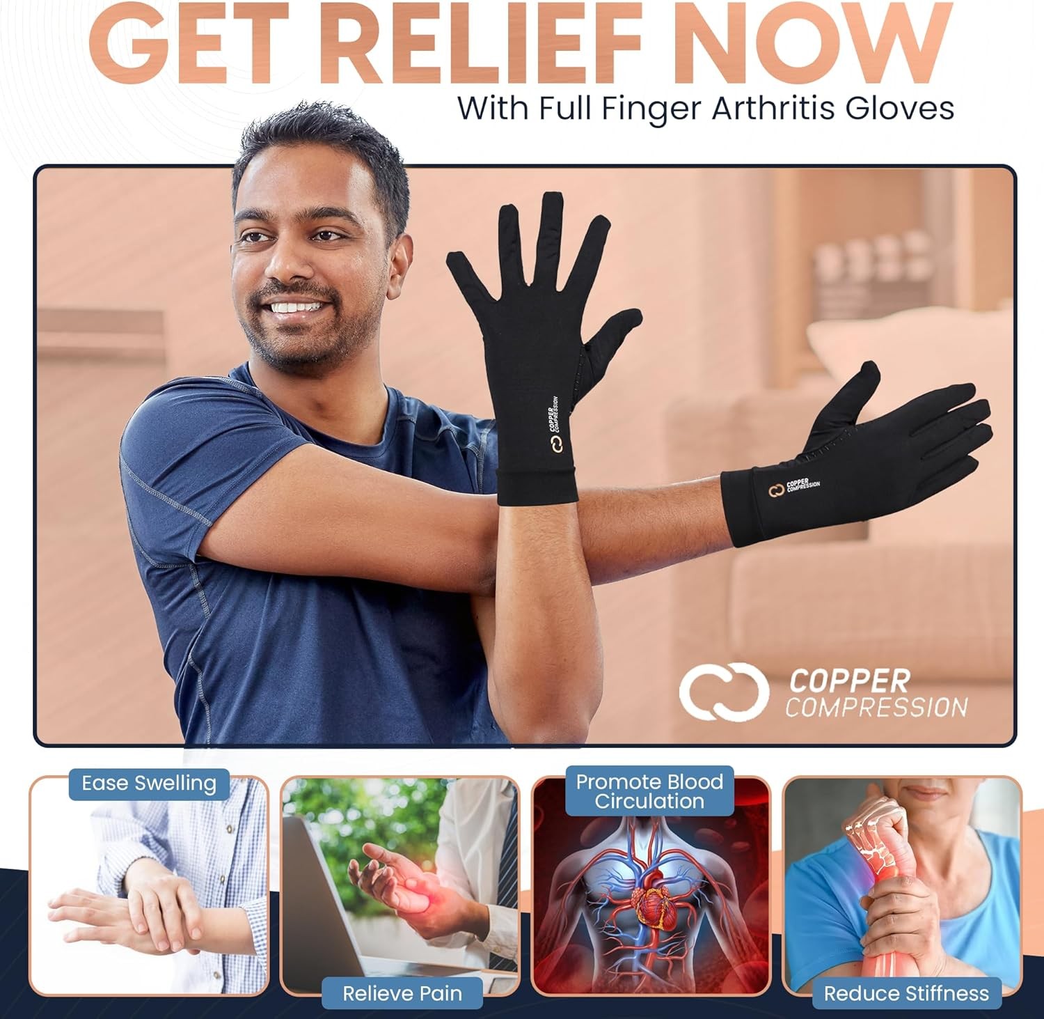 Copper Compression Full Finger Arthritis Gloves – Palm Grips – Touch Screen Fing