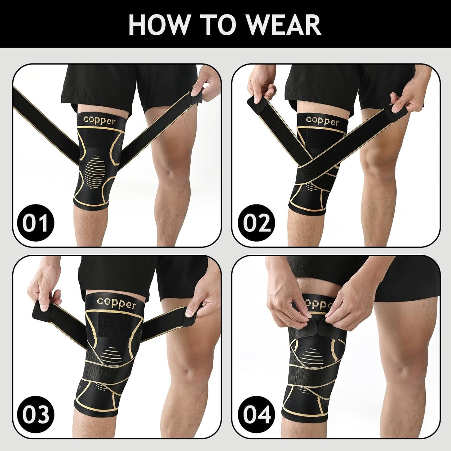 Copper Knee Brace for Women Men 2-Pack, Knee Compression Sleeve with Straps, Kne