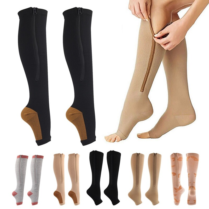 Zippered Compression Socks Open Toe Knee High Circulation Easy On/Off