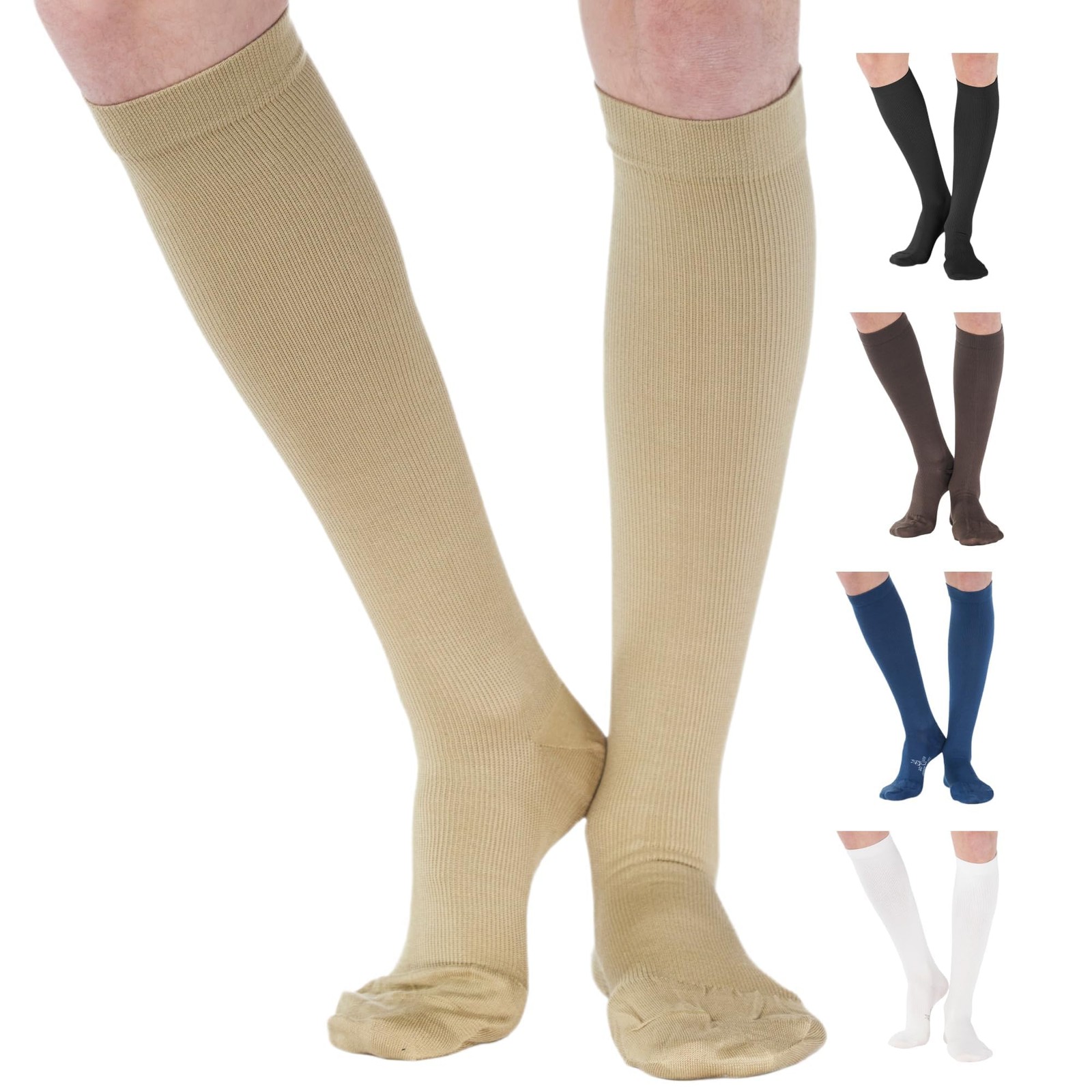 Cotton Knee High Compression Socks 20-30mmHg, Khaki Large