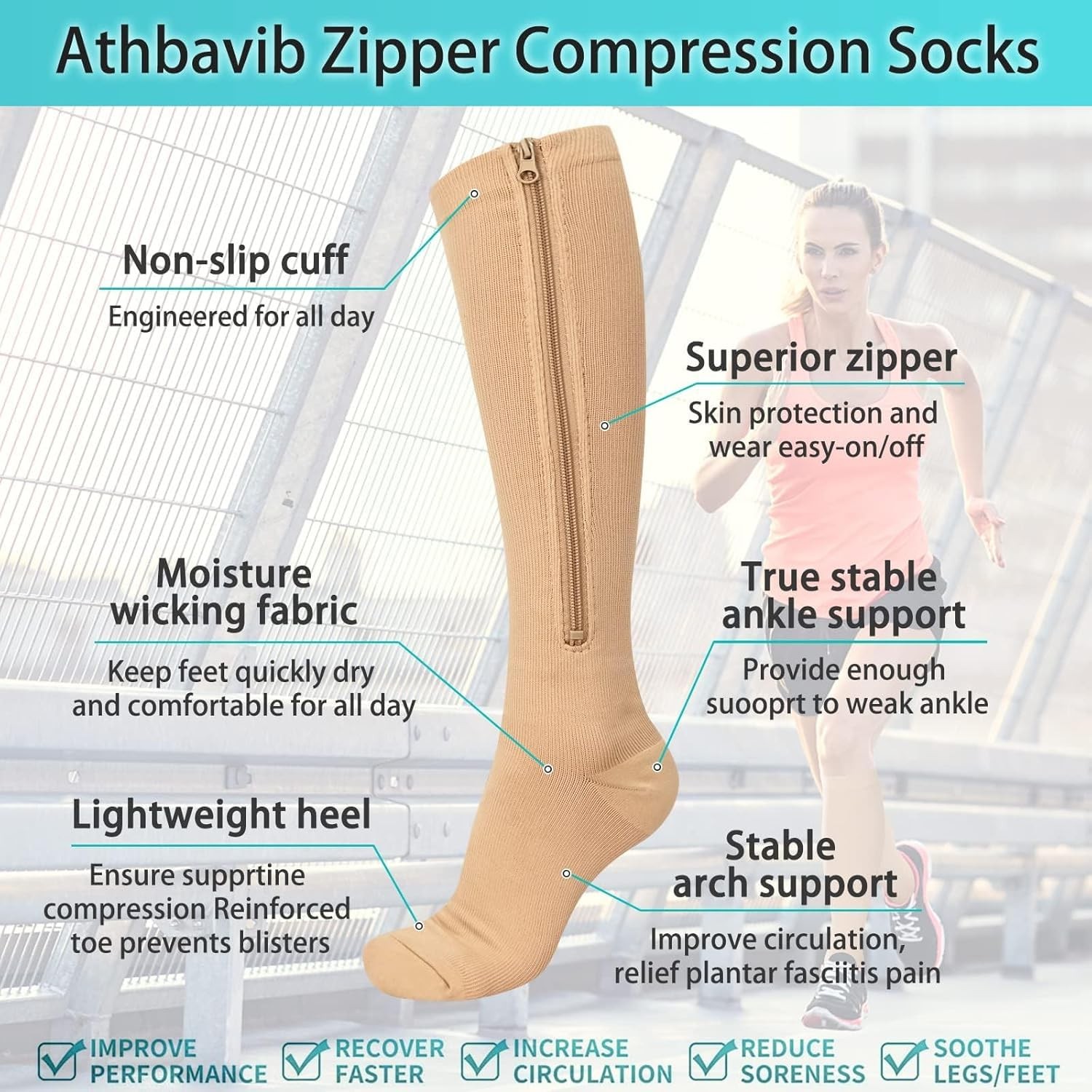2 Pairs Zipper Compression Socks 15-20 mmHg Knee High Support Stockings