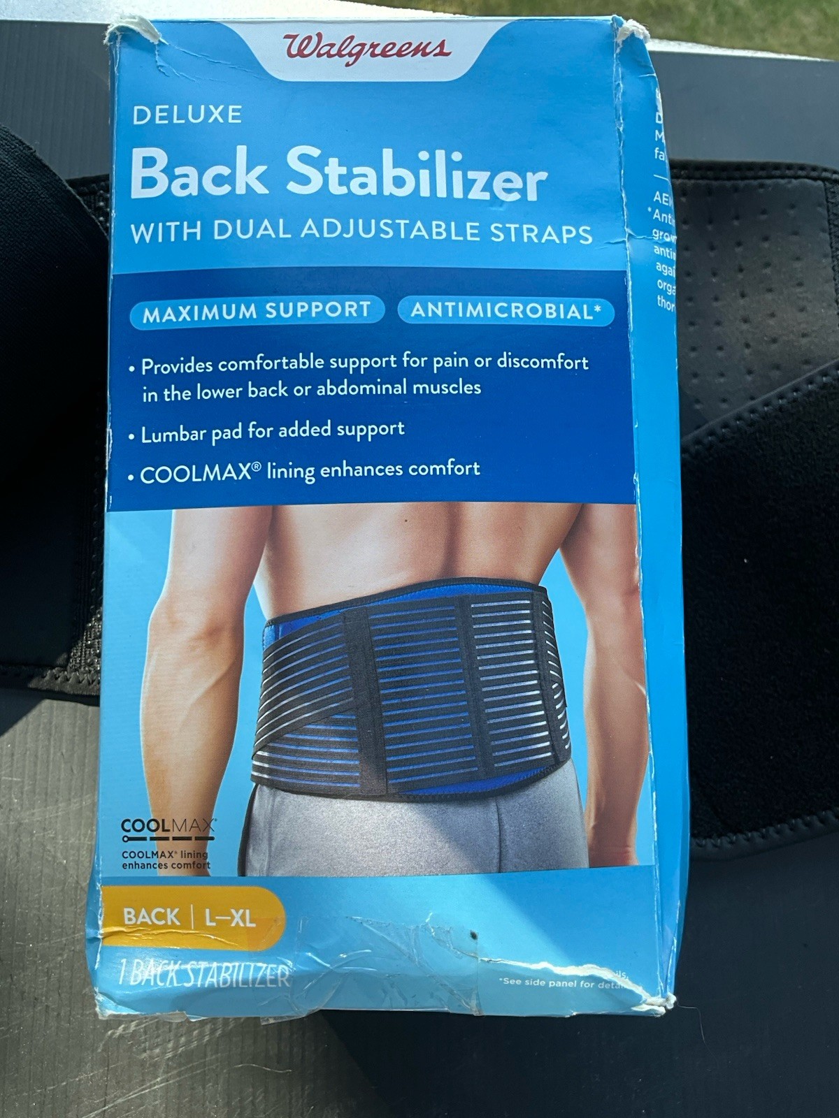 NEW Walgreen Deluxe Back Stabilizer Size L/XL Coolmax, Antimicrobial Lumbar Pad