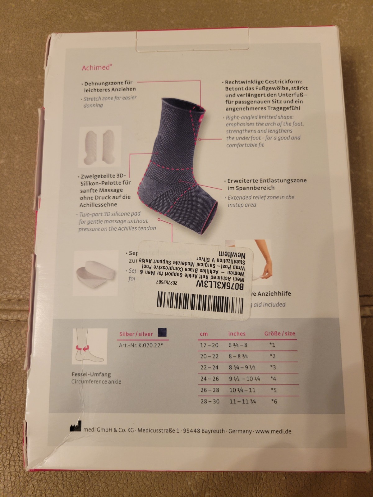 Open box Achimed Tendon Support w/Anatomically Shaped Silicone Inserts, V Silver