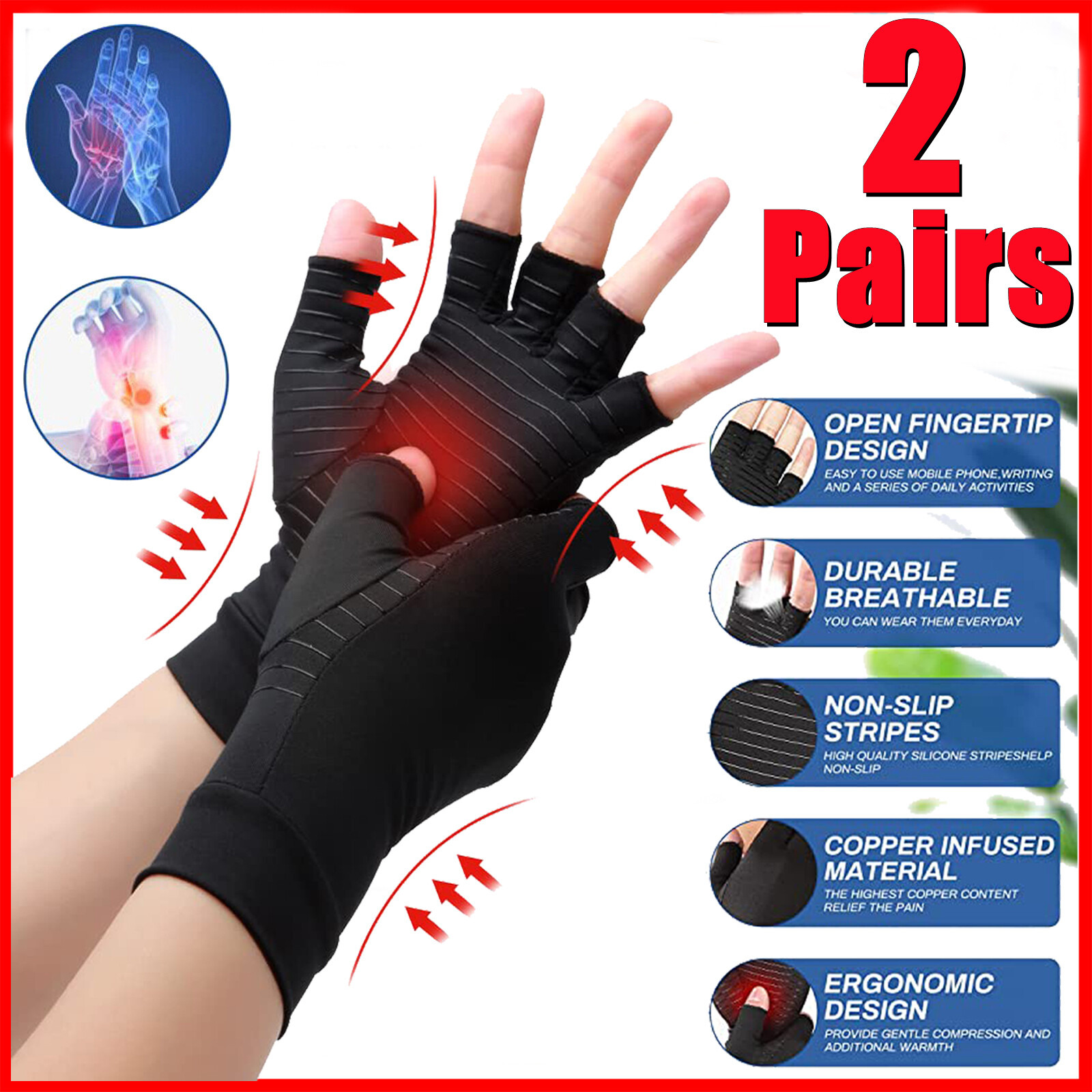 2 Pairs Copper Compression Arthritis Gloves Carpal Tunnel Joint Pain Relief Hand