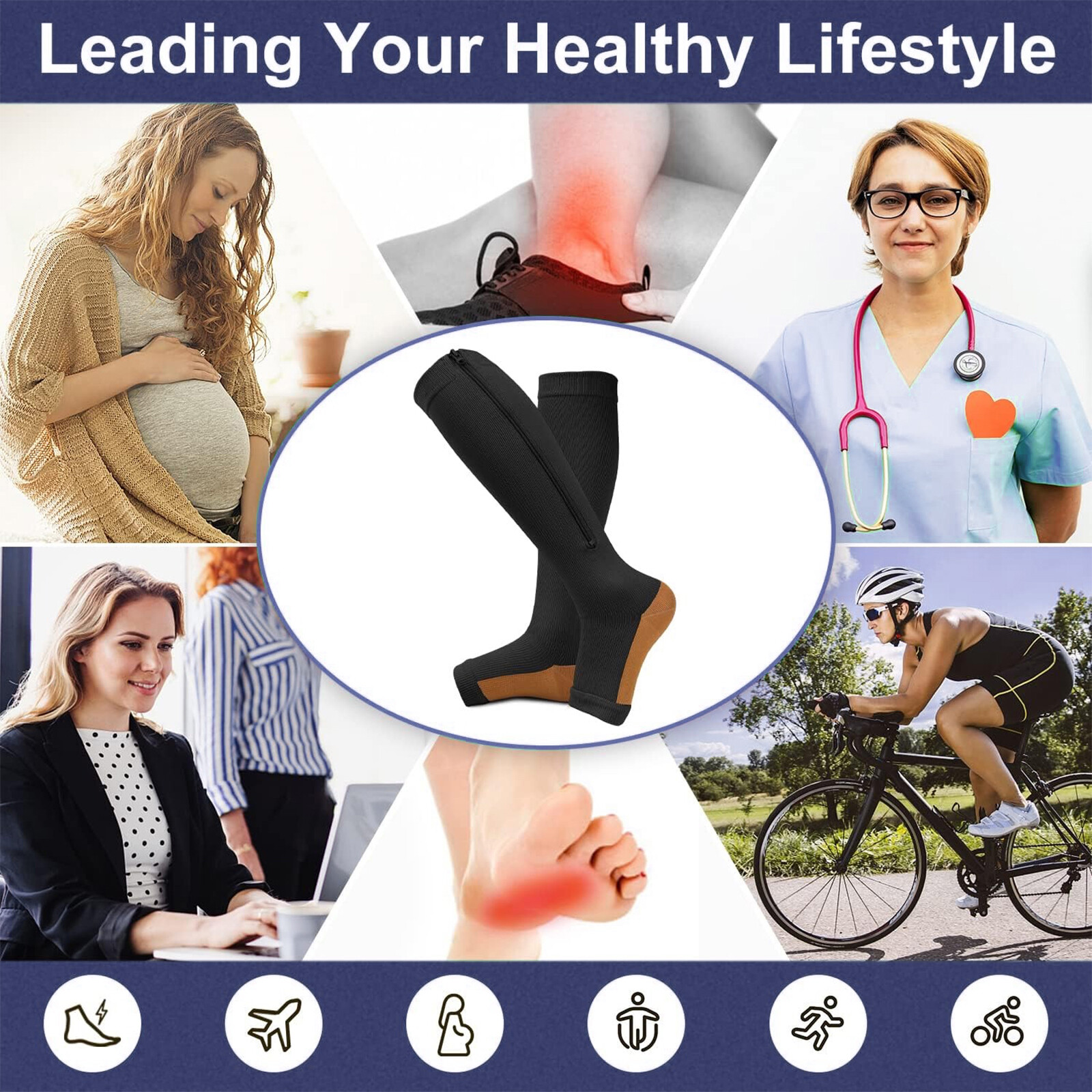 Open Toe Zipper Compression Socks 20-30mmHg Calf Leg Ankle Support Stocking
