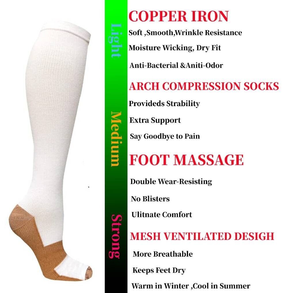 3 Pair Copper Compression Socks Mens or Womens High Compression Football Running