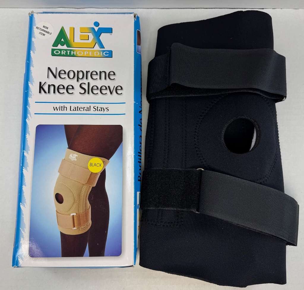 ALEX Neoprene Knee Sleeve, Open Patella, Lateral Stays (Size: L) Black