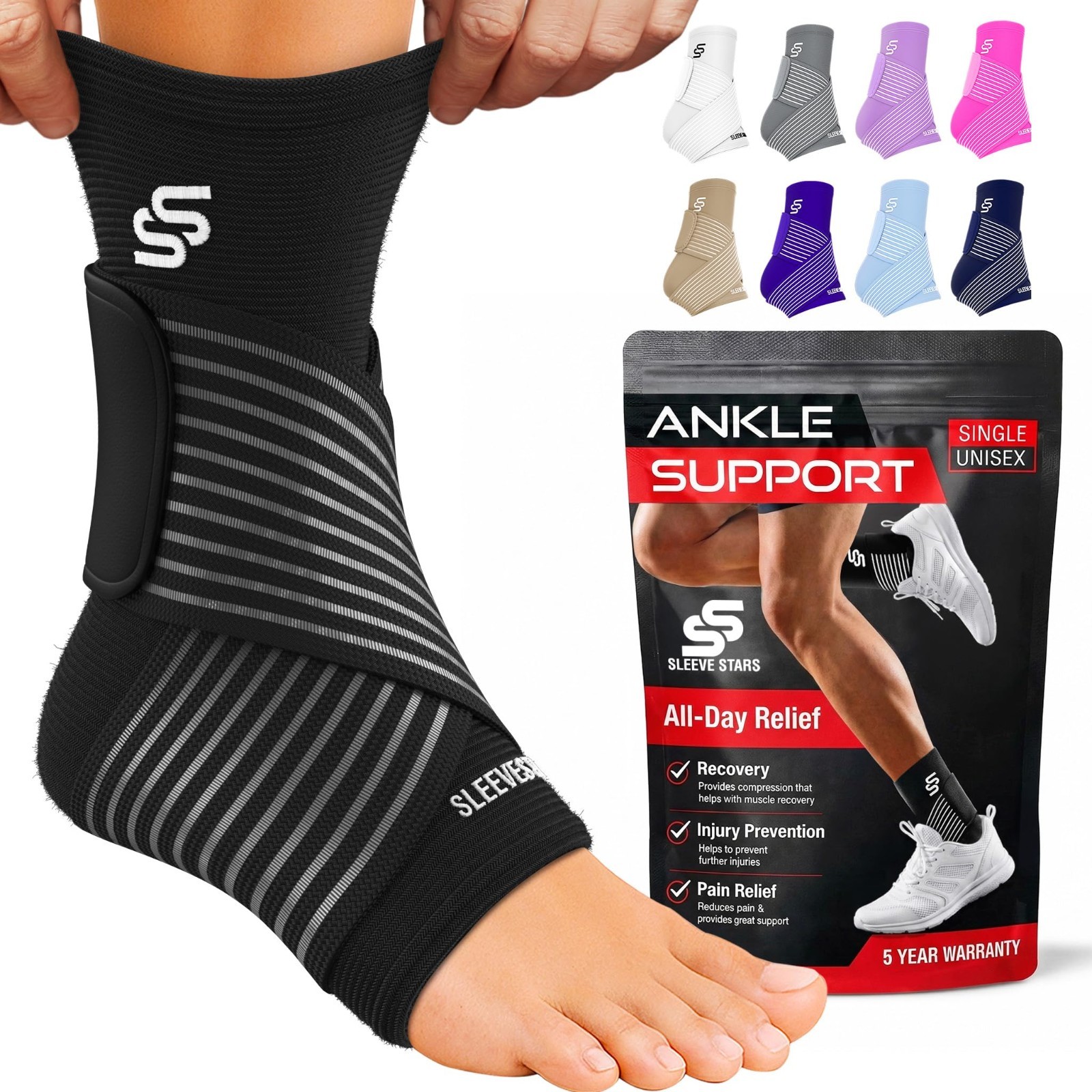 Ankle Brace Compression Sleeve for Sprains & Plantar Fasciitis Relief, Adjustabl