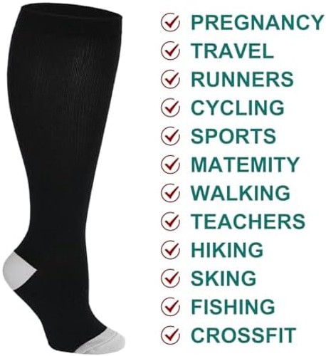 Double Couple 3 Pairs Plus Size Wide Calf Compression Socks for Women & Men 2…