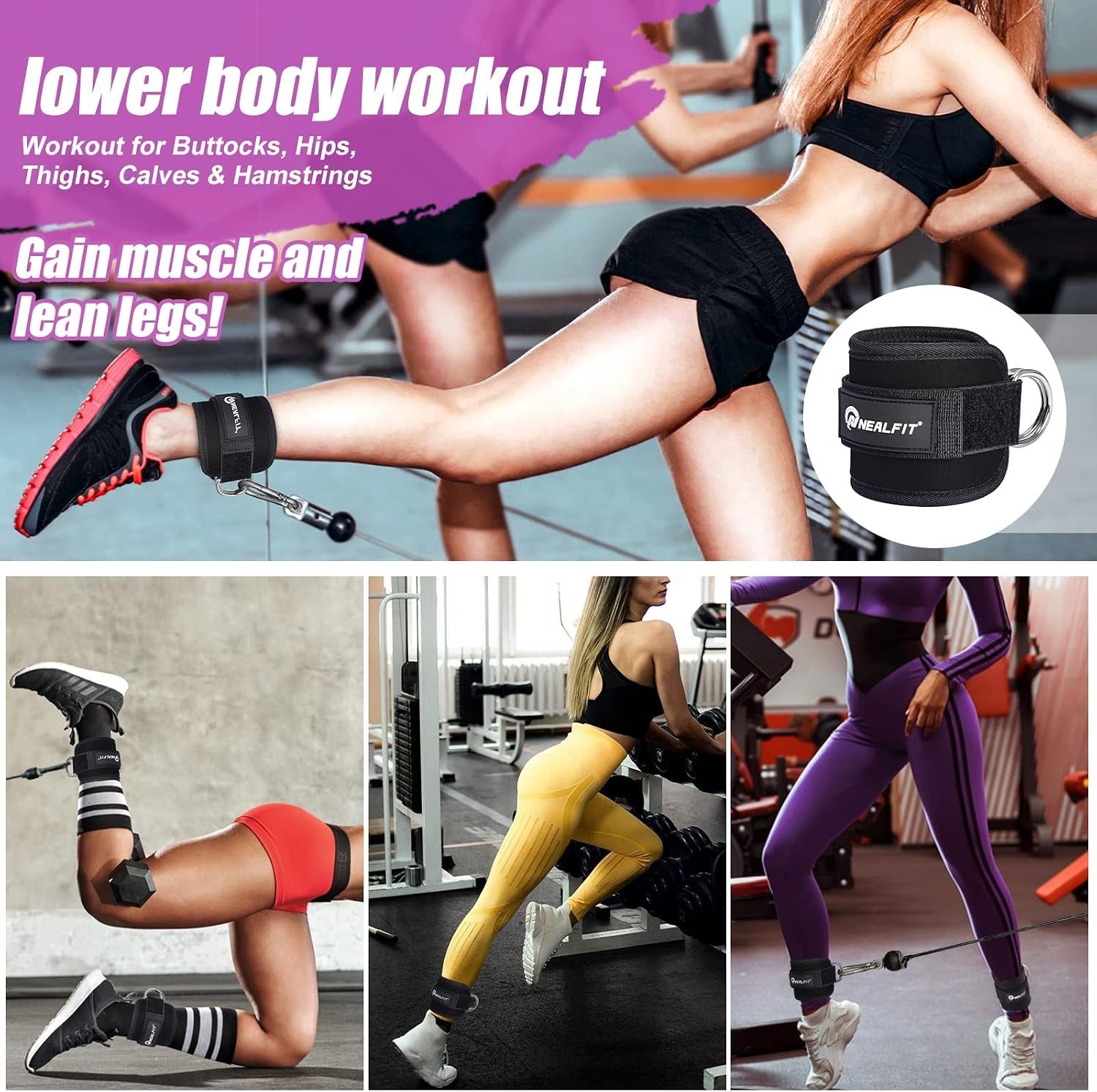 Neoprene Ankle Strap for Cable Machine, Black, Single