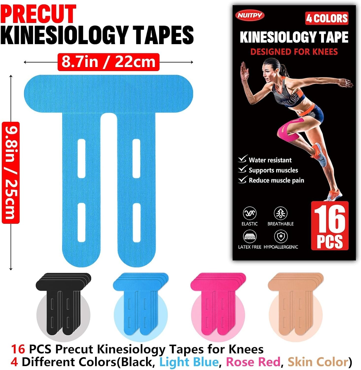 16 PCS Kinesiology Tape for Knees, 4 Colors Knee Support Tape, Precut Knee Tape