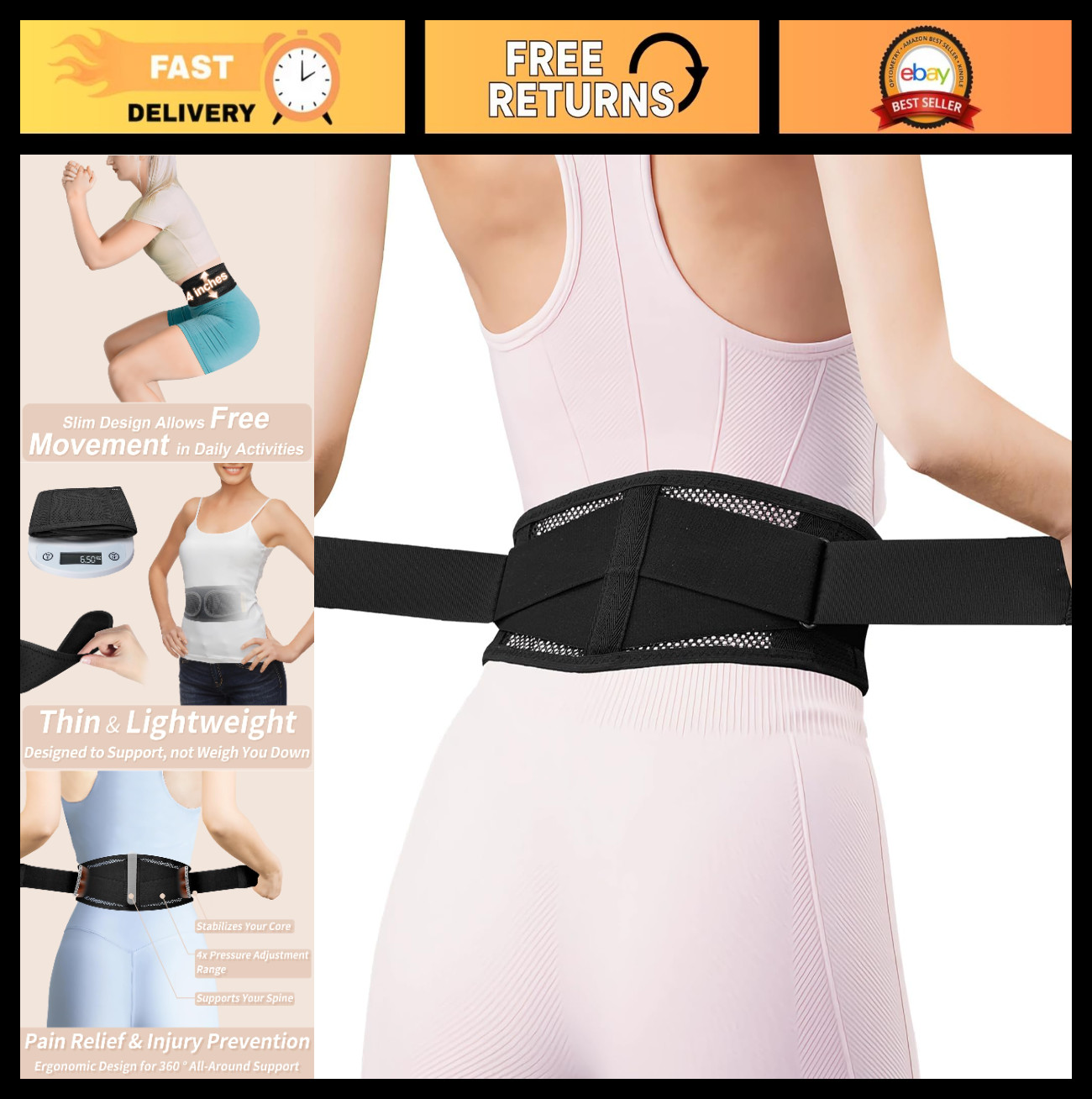 Slim Narrow Back Brace for Lower Back Pain Relief, Lightweight Adjustable Suppor
