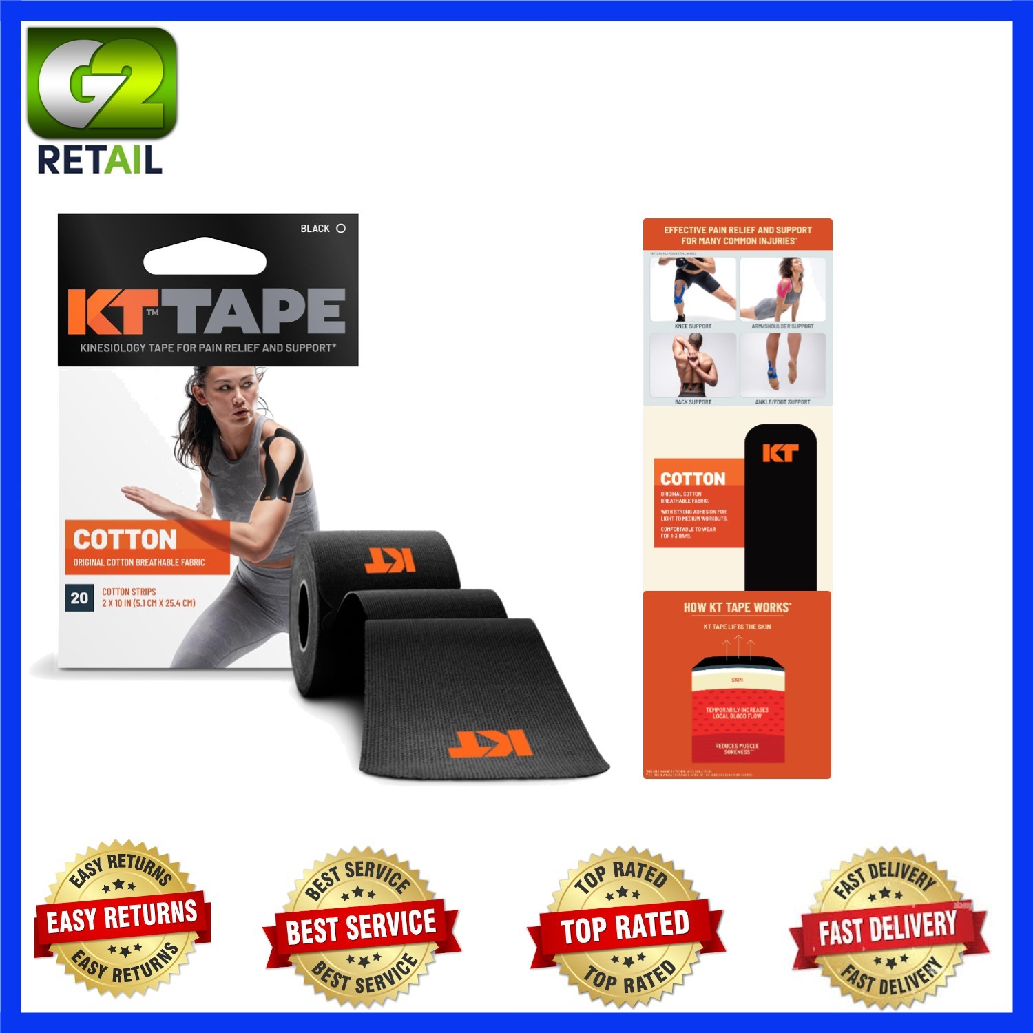 Black 10″ Precut Elastic Kinesiology Tape – Pain Relief for Athletes, 20 Strips