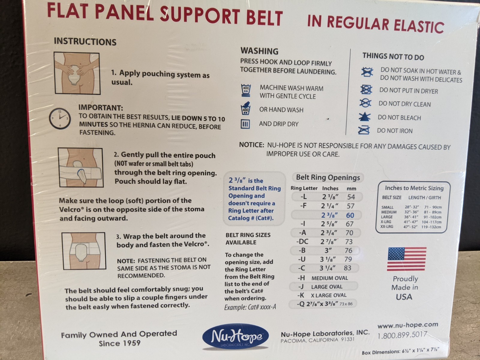 NIB Nu-Hope Flat Panel Support Belt Hernia Ostomy 6″ Std Left Side XXL 6604-NH