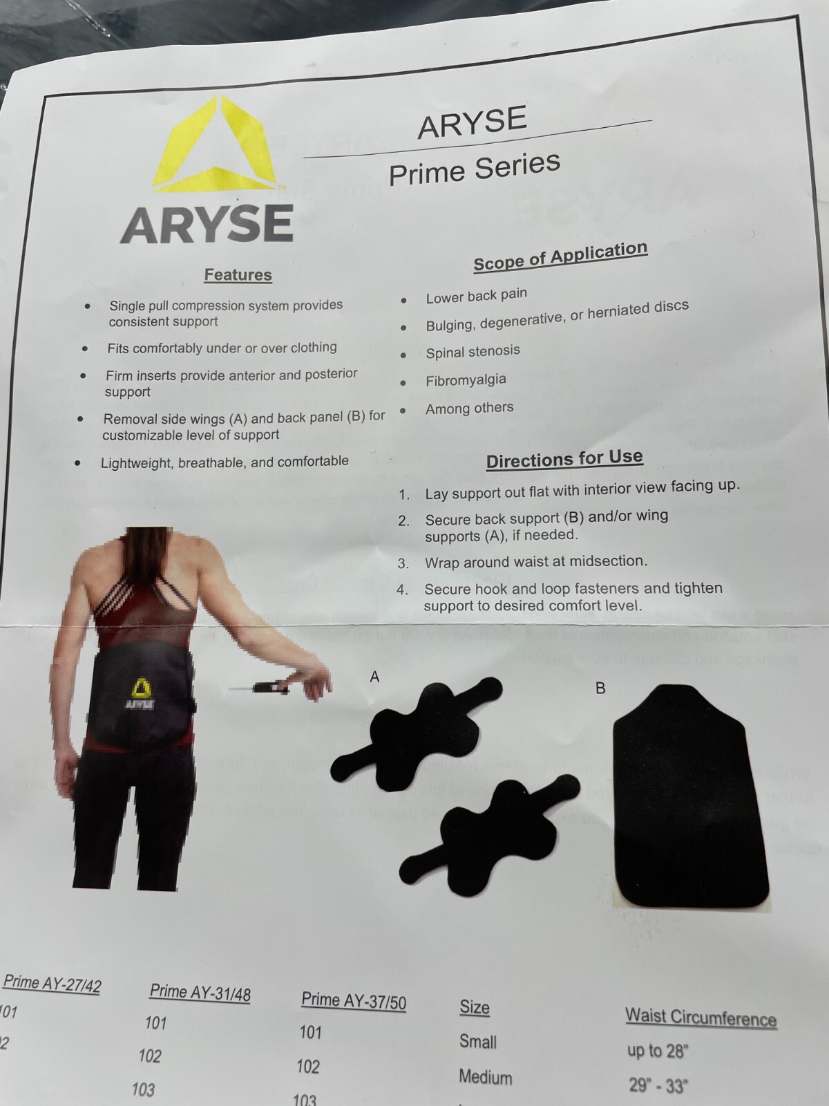 Aryse Back Brace AY-37/50-103 Size Large Black Compressive Support L0637/L0650