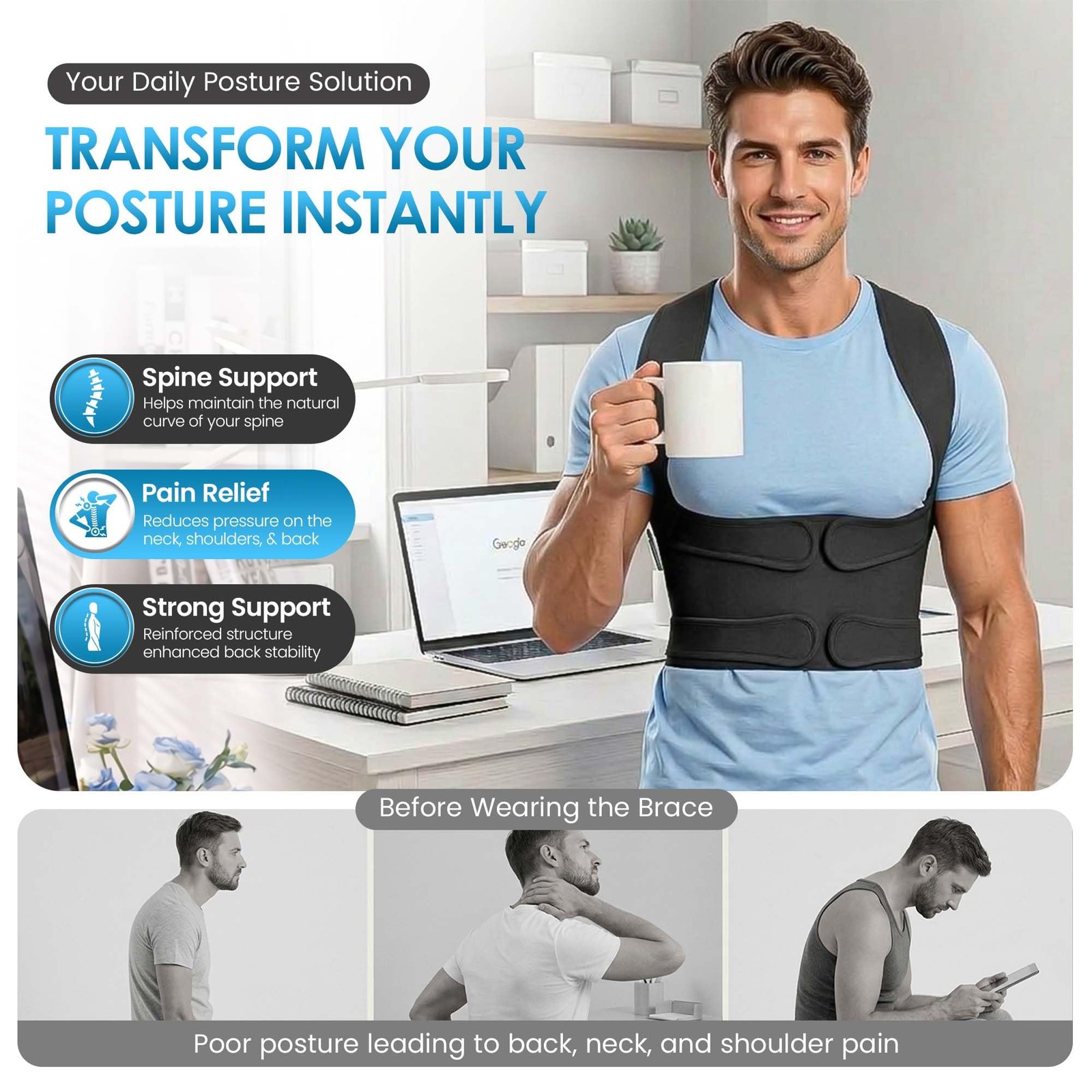 Back Straightener Posture Corrector for Men and – Comfortable Full Back Brace…