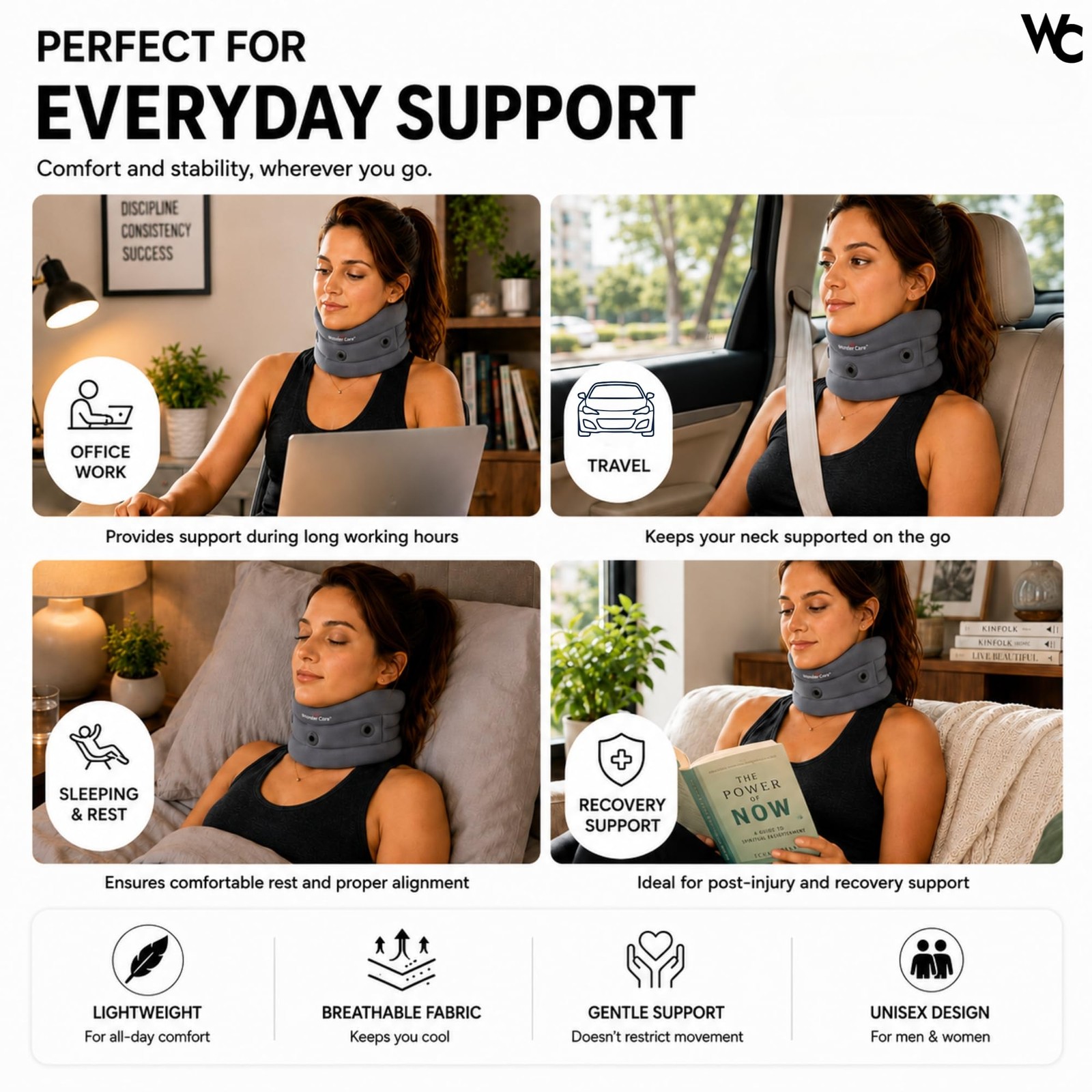 Wonder Care Neck Brace for Sleeping Cervical Collar Adjustable Small, Grey