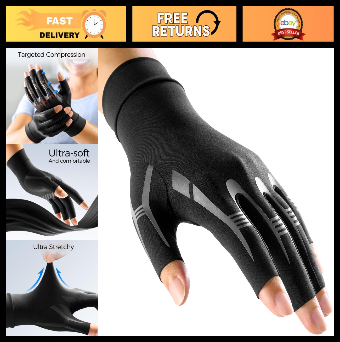 Compression Arthritis Gloves for Pain Relief, Carpal Tunnel, Hand Support – Blac