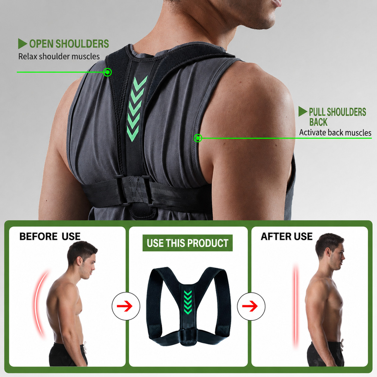 Posture Corrector Back Brace Adjustable Shoulder Support Men Women Unisex Black