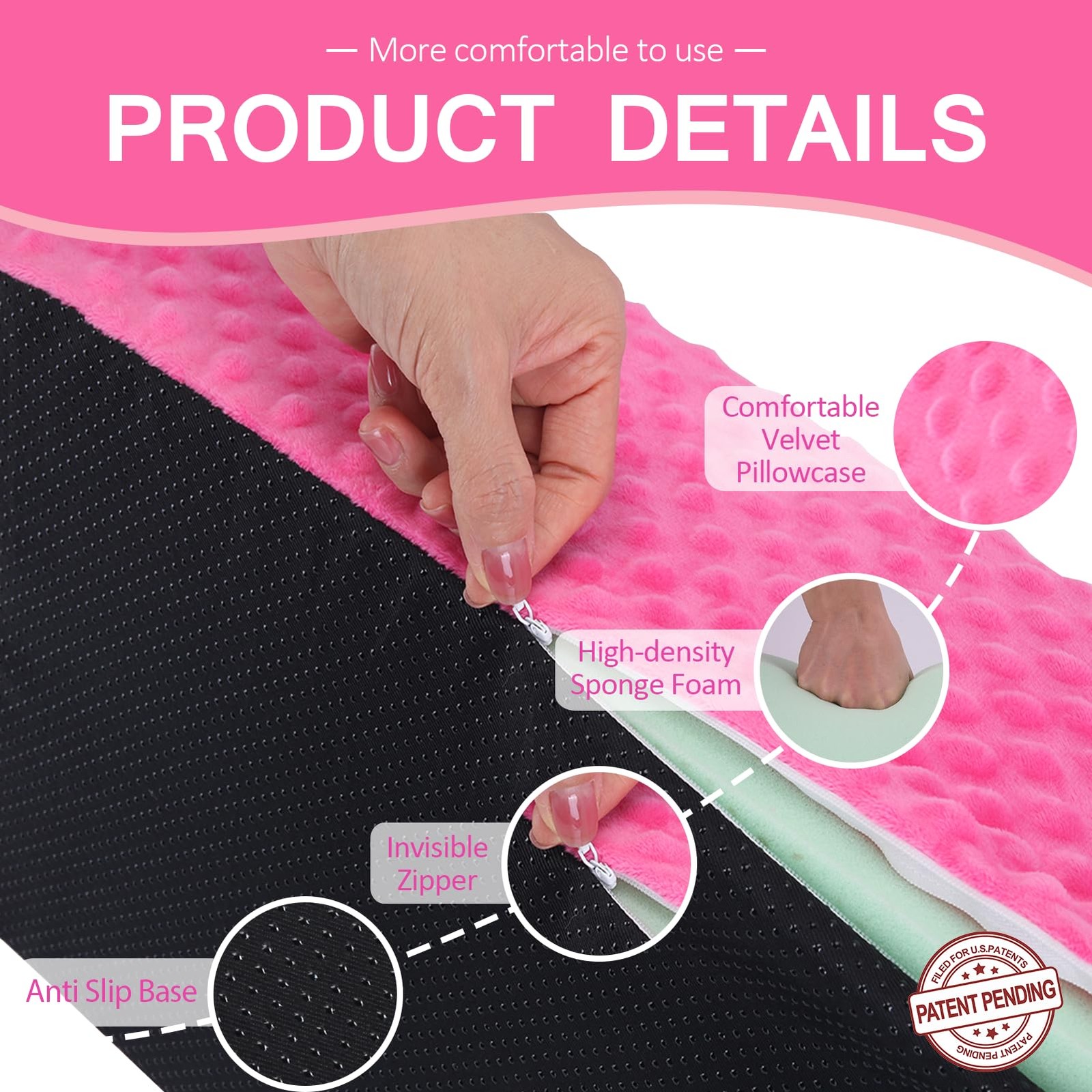 Jacobable Wedge Pillow for Side Sleeping, Body Positioning Foam 5x2x1, Pink