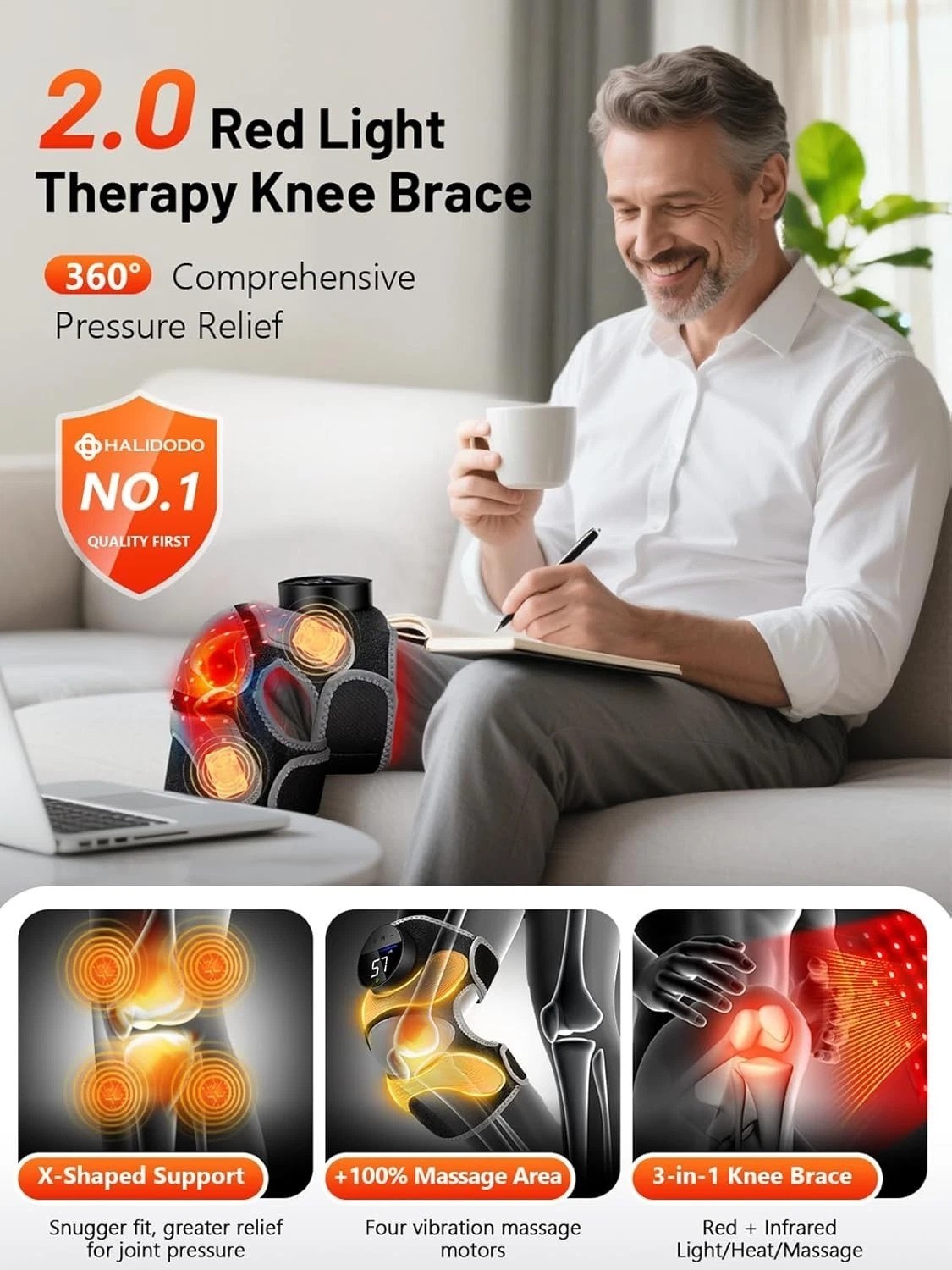 Targeted Knee Brace with 4 Massage Areas & Red Light Therapy – Cord-Free Relief