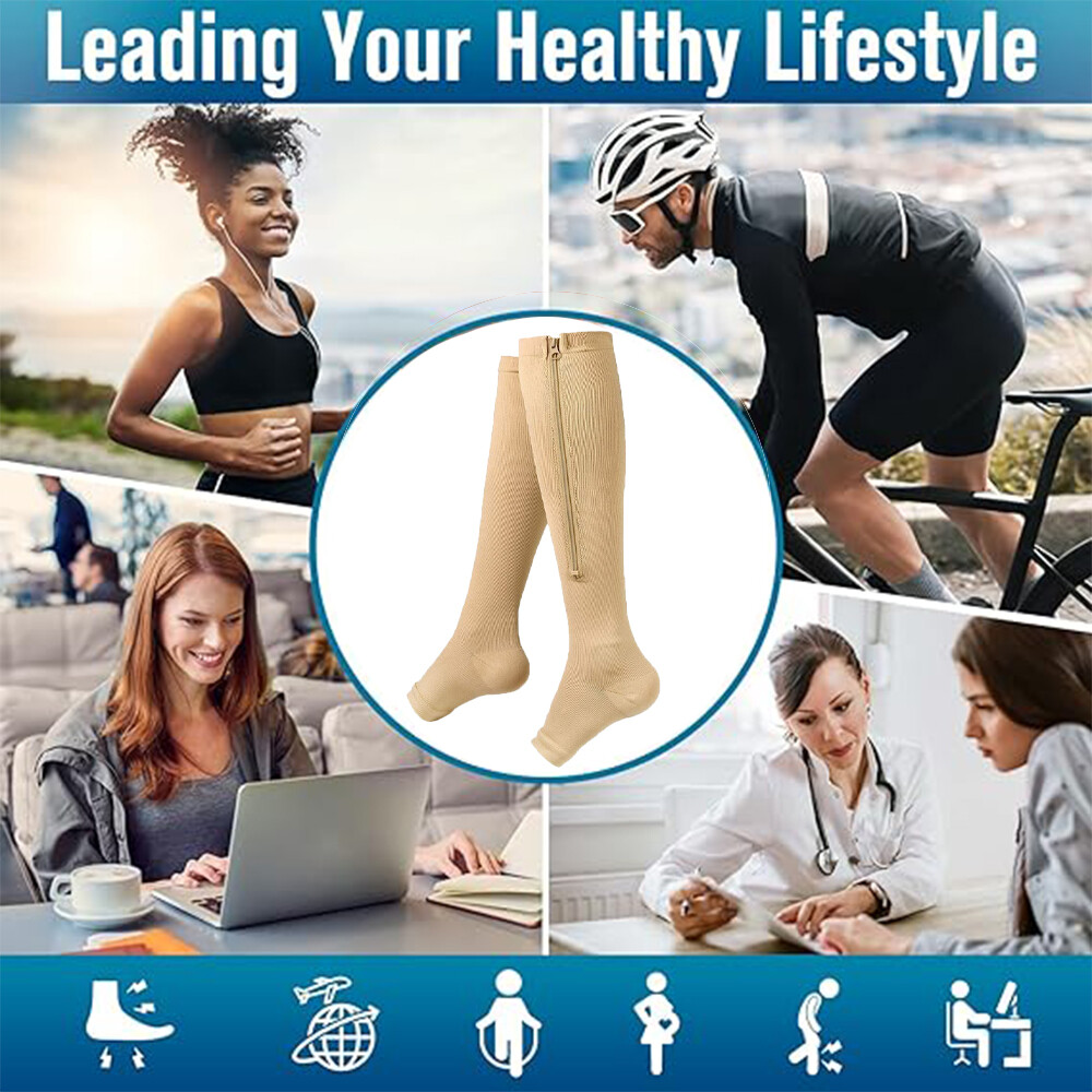 Zippered Compression Socks Stocking Mens Women 15-20mmHg Leg Calf Ankle Support