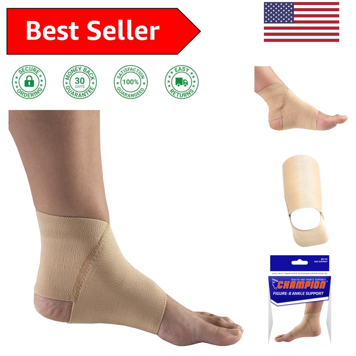 Elastic Compression Ankle Brace – Figure 8 Design, Beige, Medium for Pain Relief
