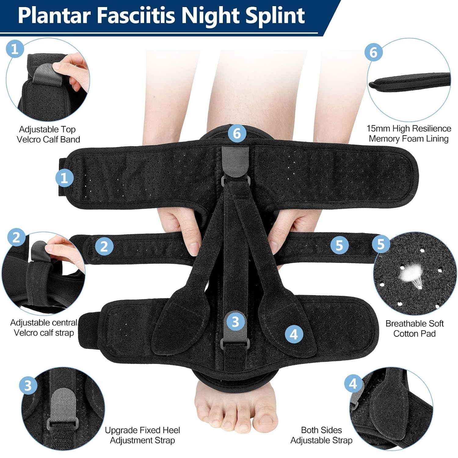 Plantar Fasciitis Night Splint – 3 Adjustable Straps for Pain Relief, Black