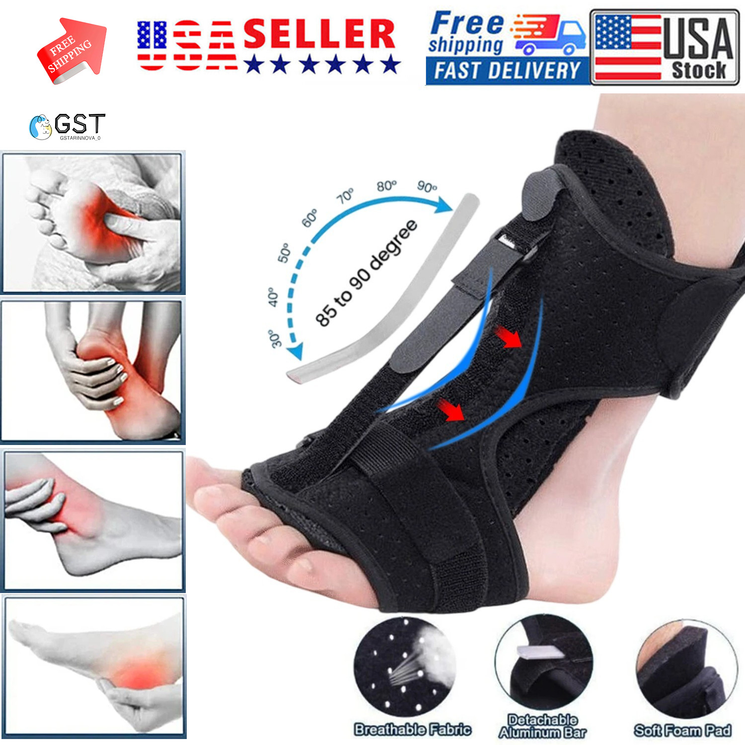 Plantar Fasciitis Night Splint Adjustable Foot Drop Ankle Brace Support Toe Pain