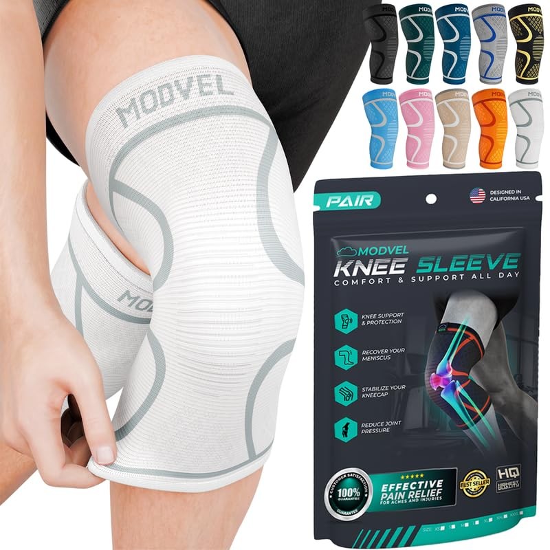 Modvel 2 Pack Knee Brace for Women & Men – Workout Knees Medium, White