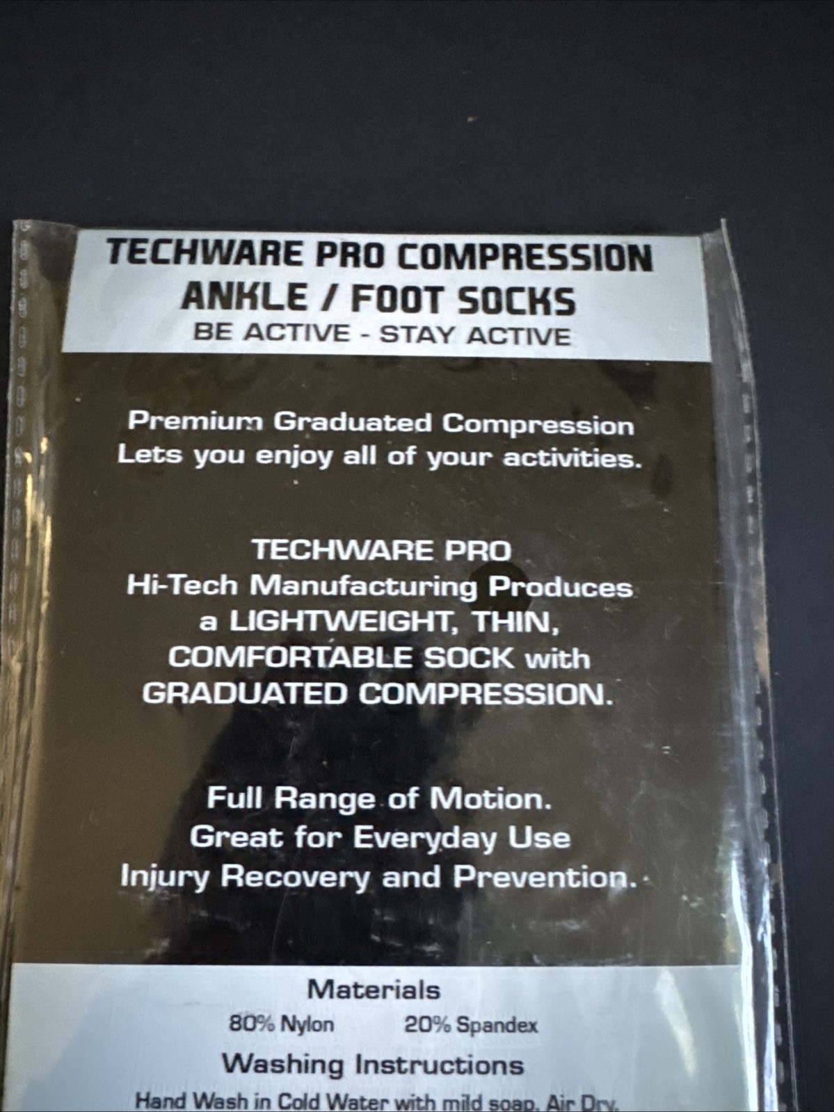 TechWare Pro Compression Ankle/Foot Socks- Size M Unisex; 1 Pair Black/Grey