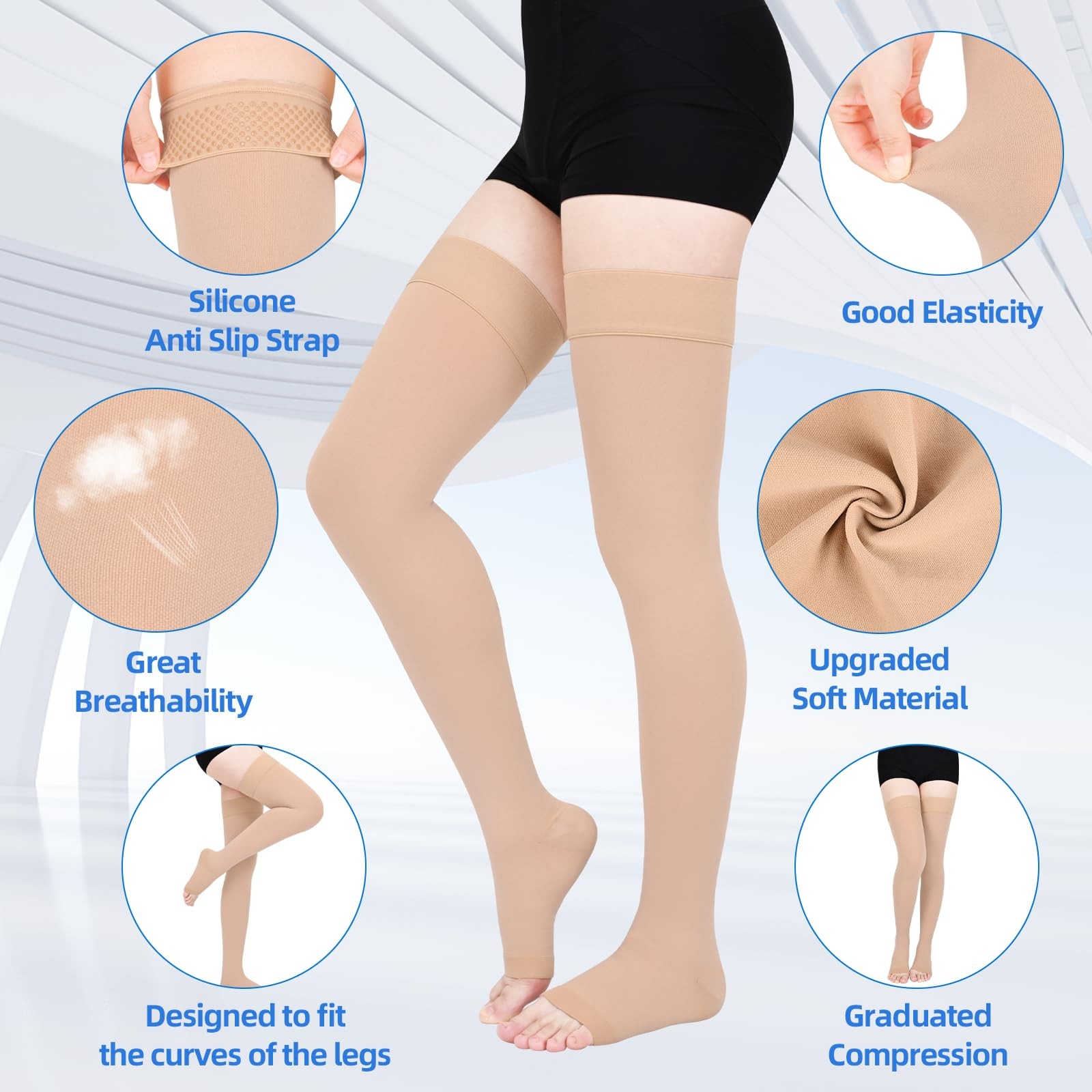 2Pair 20-30mmHg Compression Stockings for Women, Open-Toe Thigh High Compress…