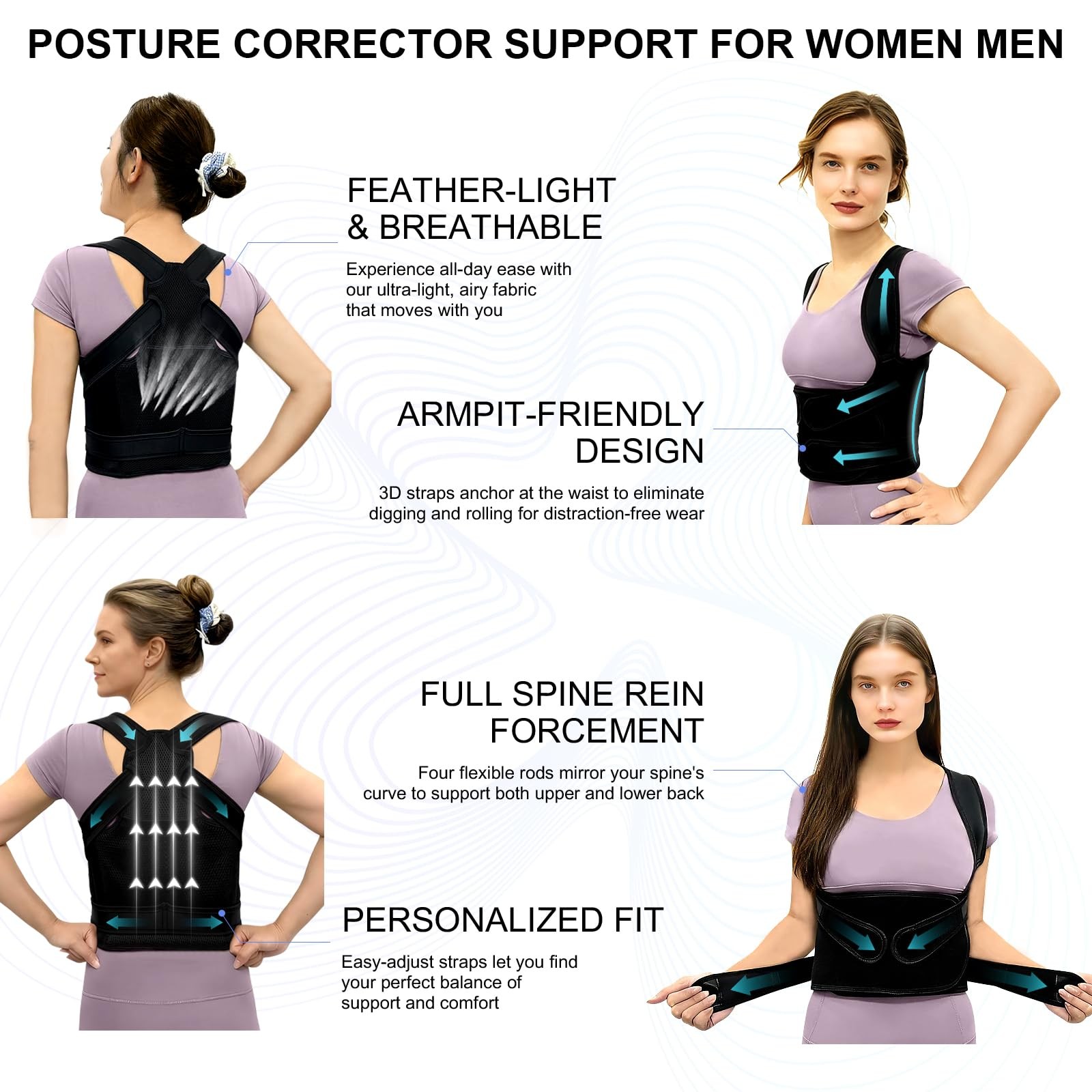 Callicebus Back Brace Posture Corrector for Women Men, Small, Black