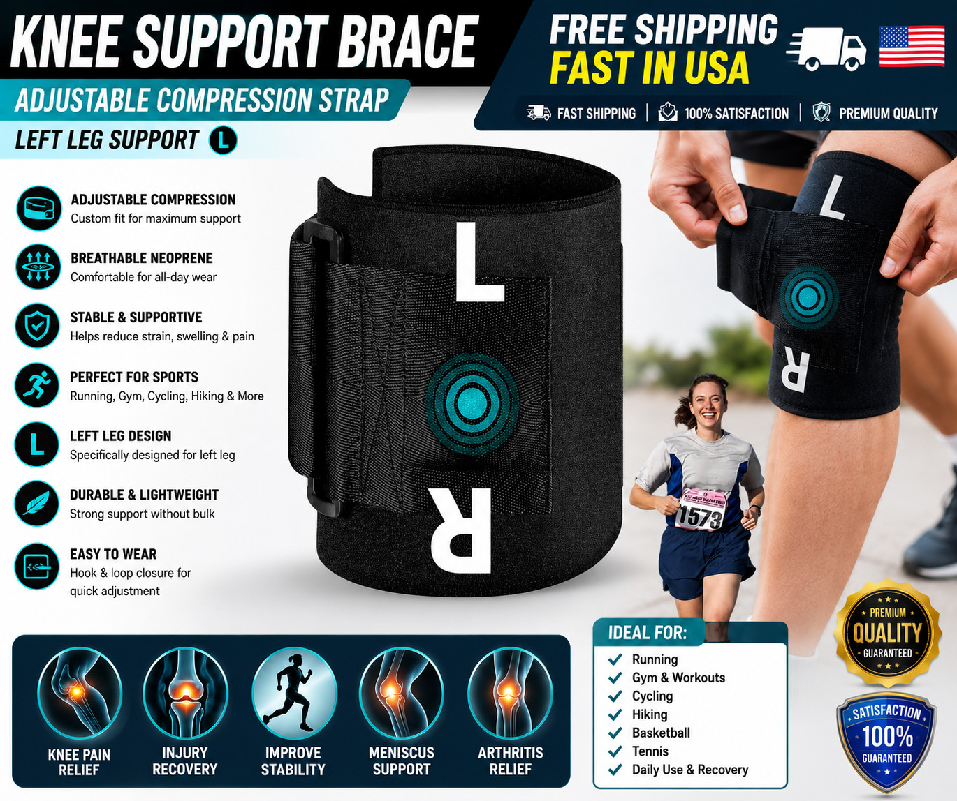 Knee Support Brace – Leg Running Support | Adjustable Compression Strap