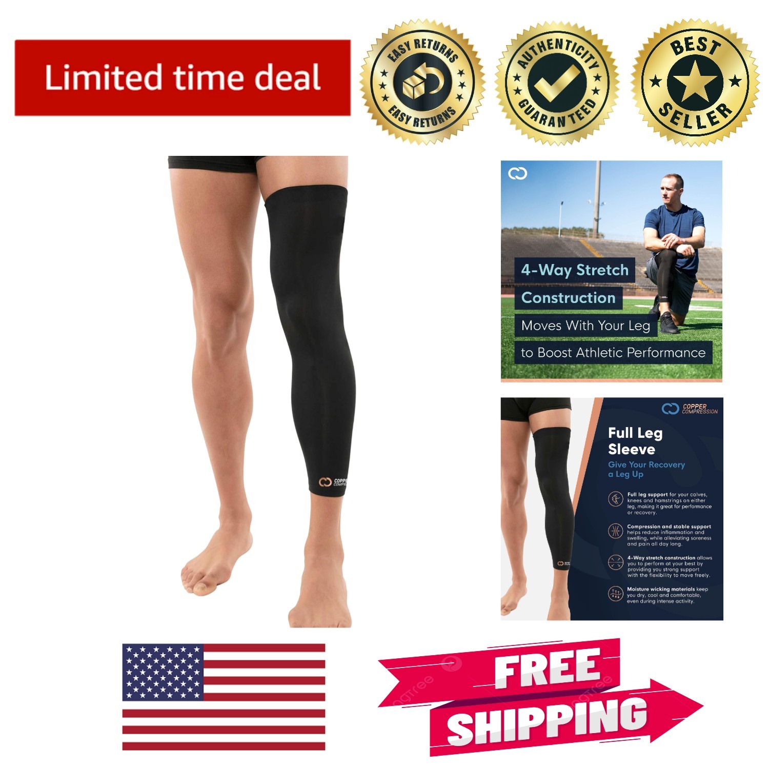 Breathable Copper Infused Leg Sleeve – Pain Relief & Muscle Recovery – X-Large