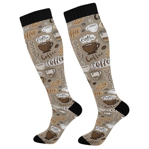 Compression Socks for Women Men, Knee High Athletic Stockings, Coffee Theme
