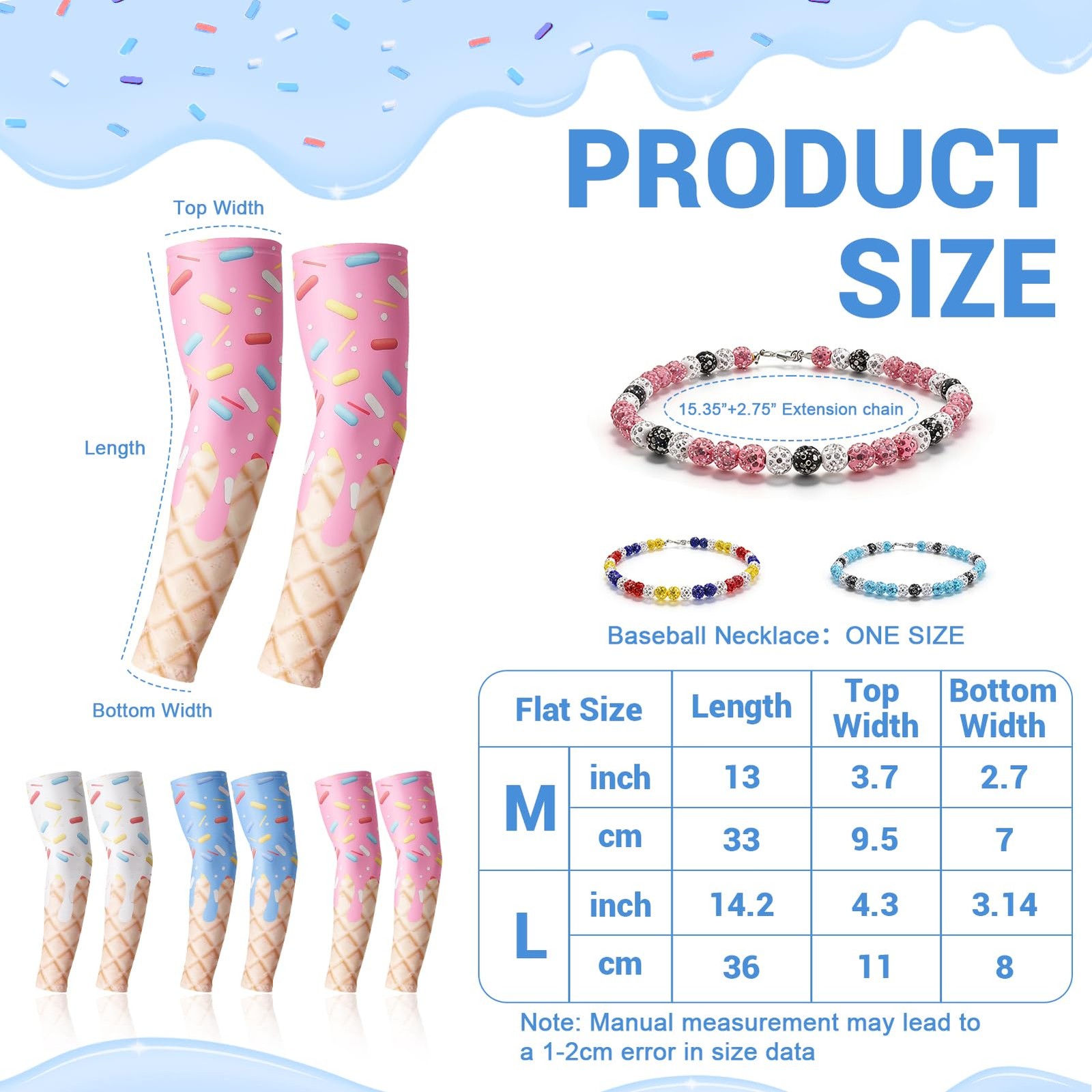 6 Pcs Ice Cream Drip Baseball Arm Sleeves & Beaded Necklace, Youth UV Protect…