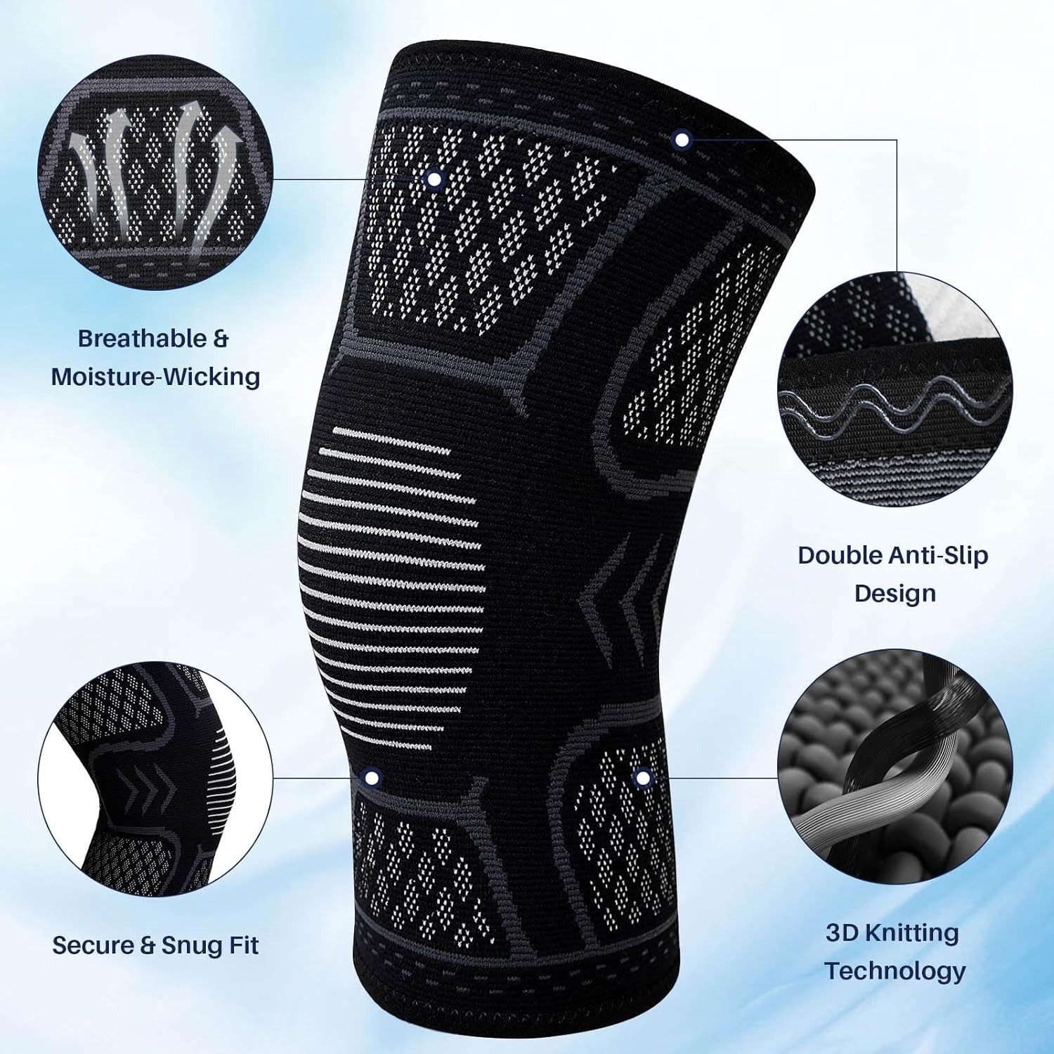 2 Pack Knee Support Sleeve Arthritis Pain Relief, Compression Knee Brace, Black