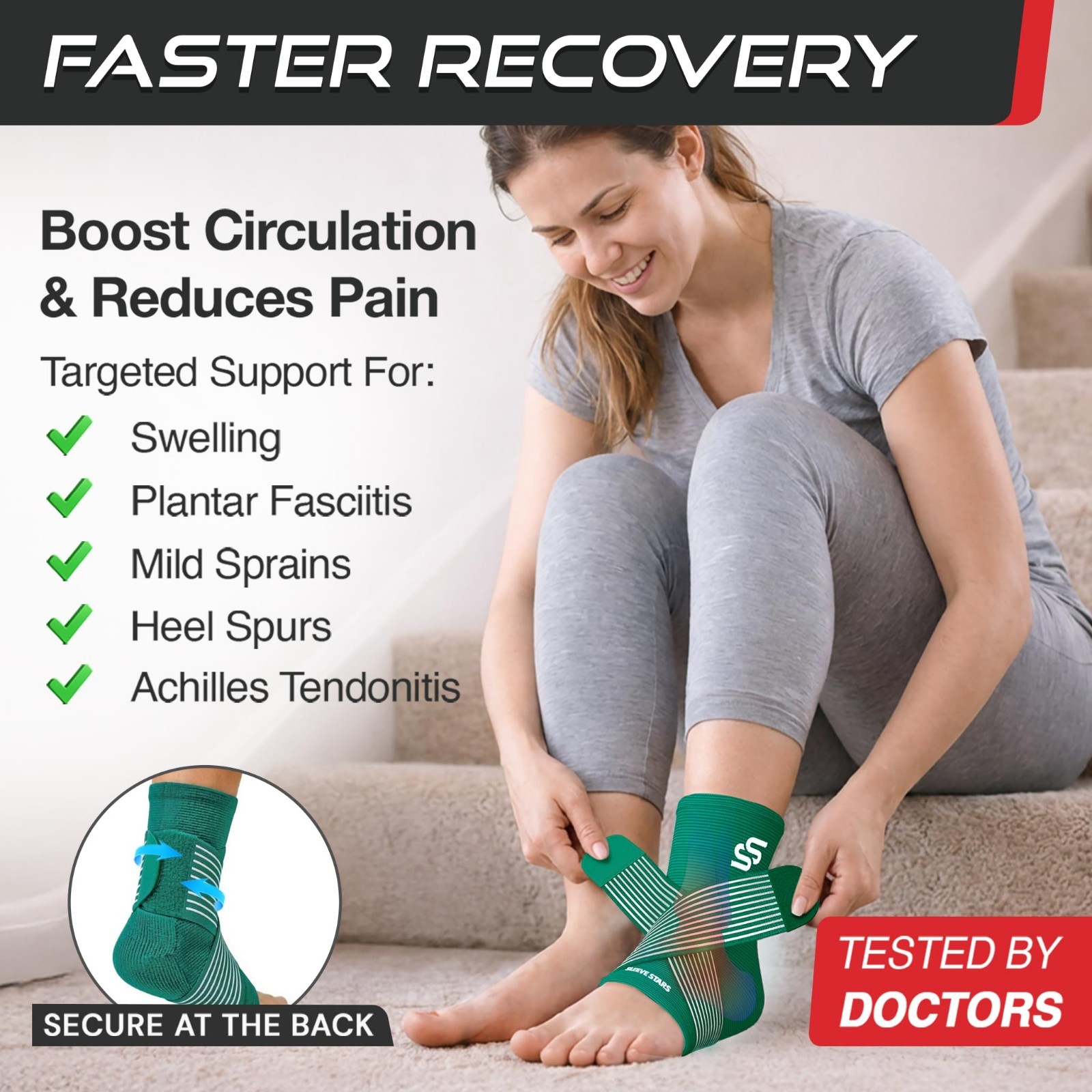 Ankle Brace Compression Sleeve for Sprains & Plantar Fasciitis Relief – Adjustab