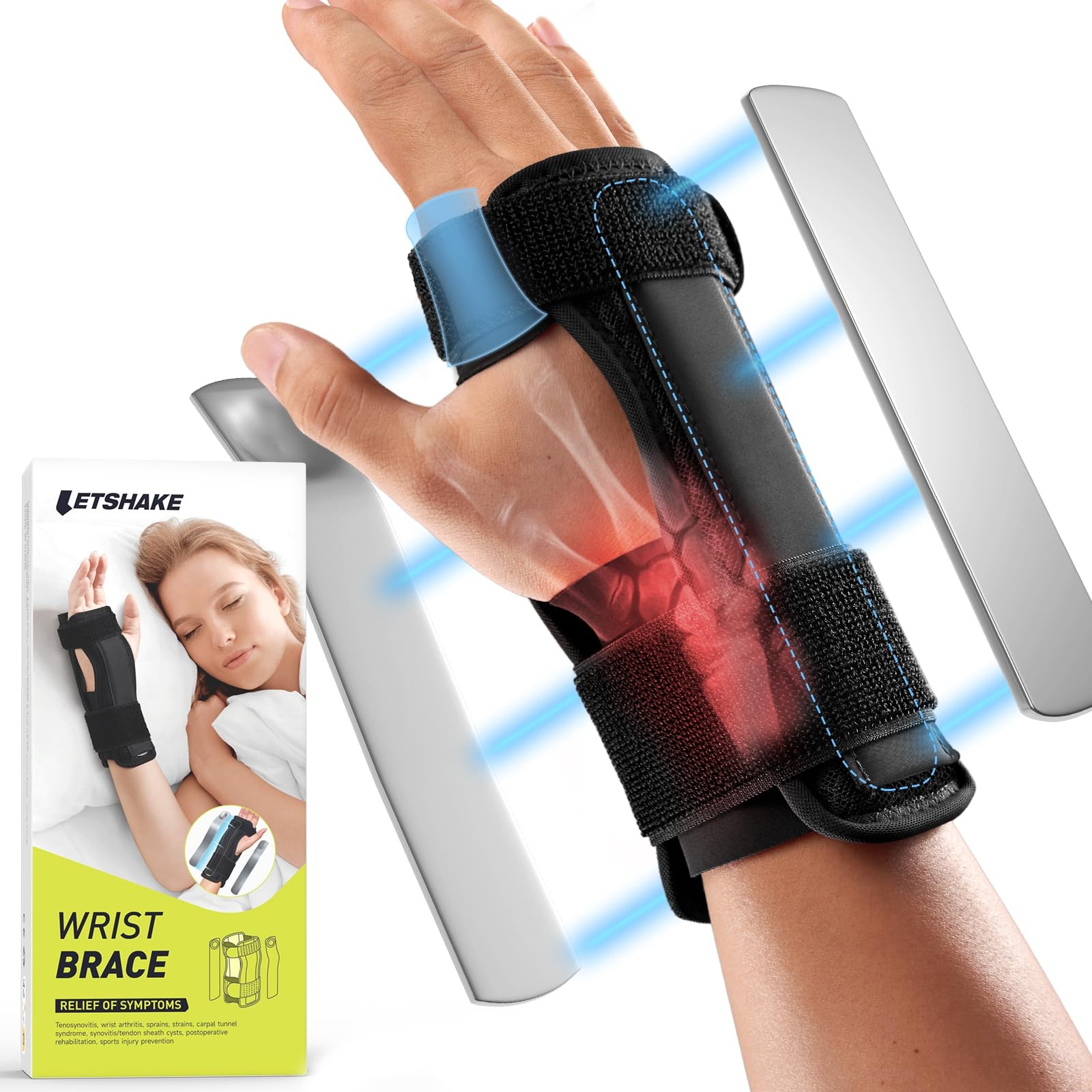 Carpal Tunnel Wrist Brace Support, Metal Splint Stabilizer Left & Right Hand